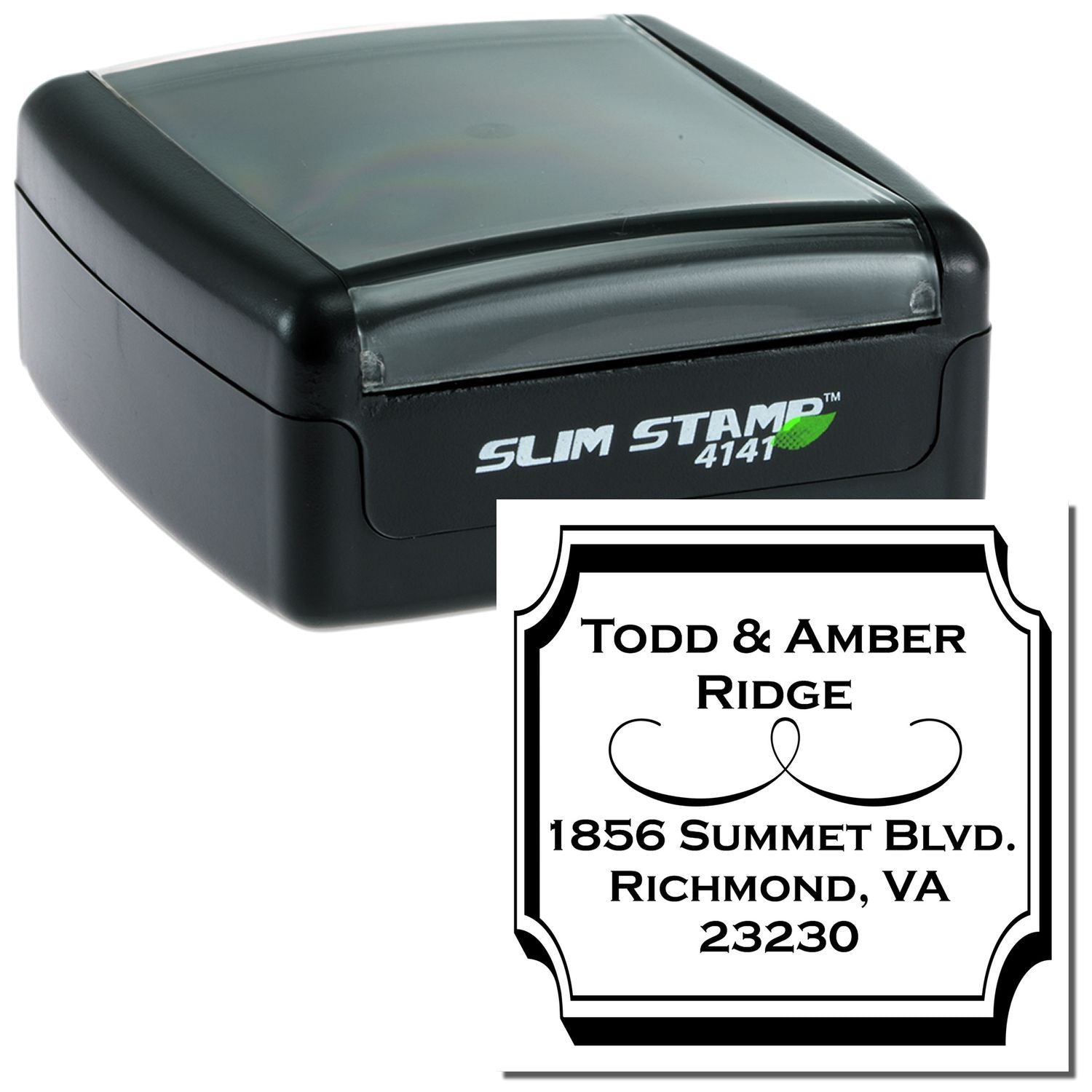 Slim Stamp 4141 self-inking custom address rubber stamp with decorative monogram and mailing address imprint