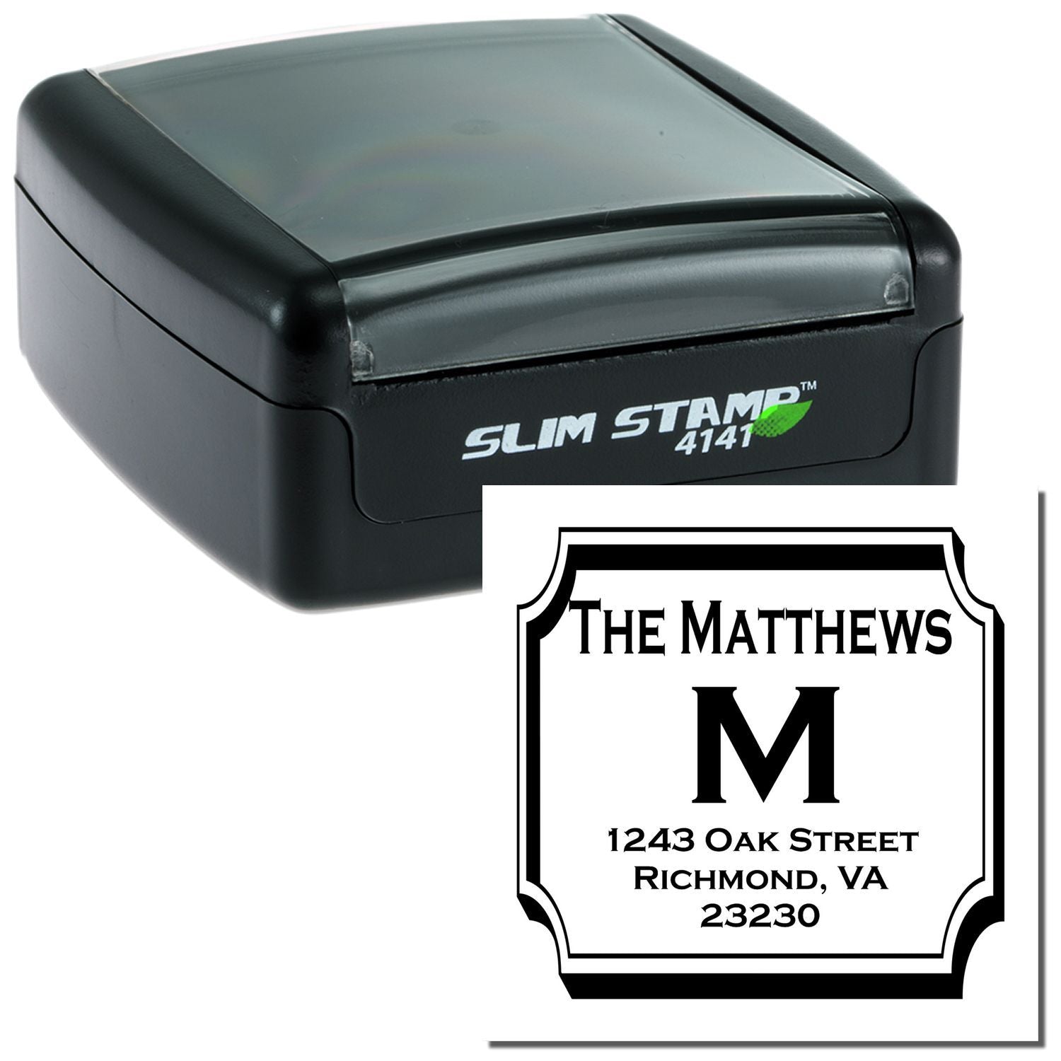 Custom self-inking rubber address stamp with slim stamp case and monogram sample for The Matthews, Richmond VA.