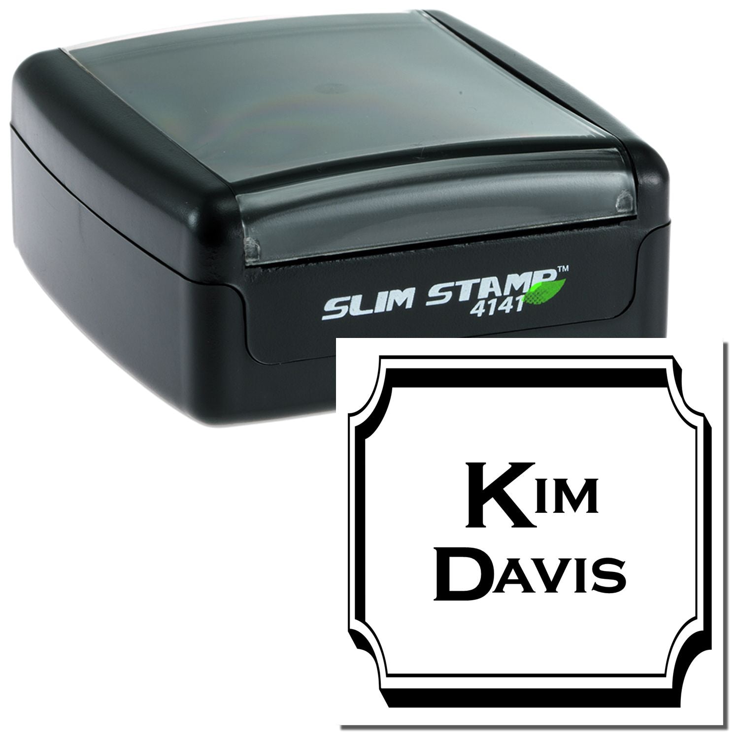 Slim Stamp 4141 self-inking rubber stamp with custom Kim Davis name imprint in decorative frame icon.