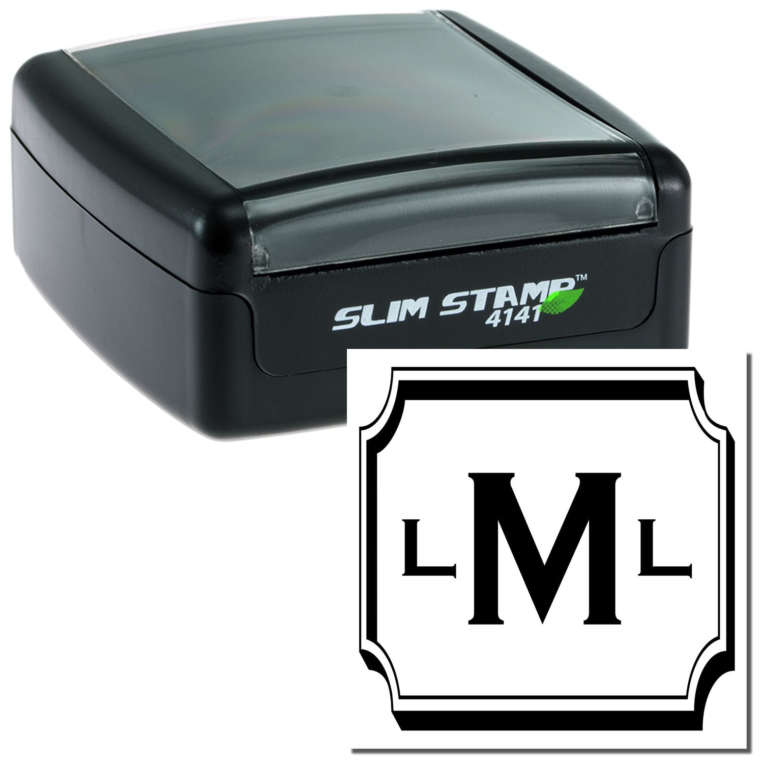 Slim Stamp 4141 self-inking rubber stamp with custom monogram initial M in decorative frame