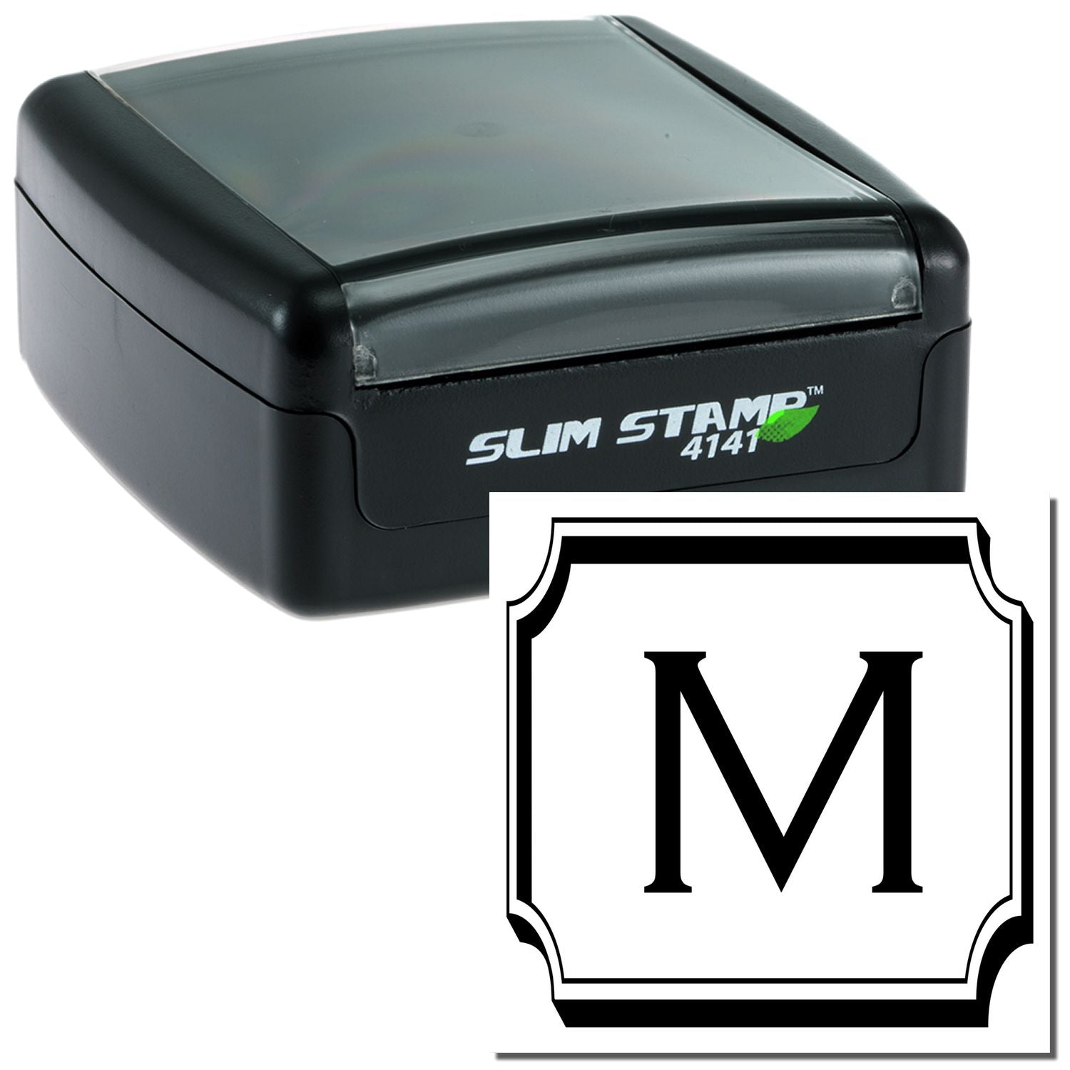 Slim Stamp 4141 self-inking rubber stamp with decorative monogram letter M for custom marking and personalization.