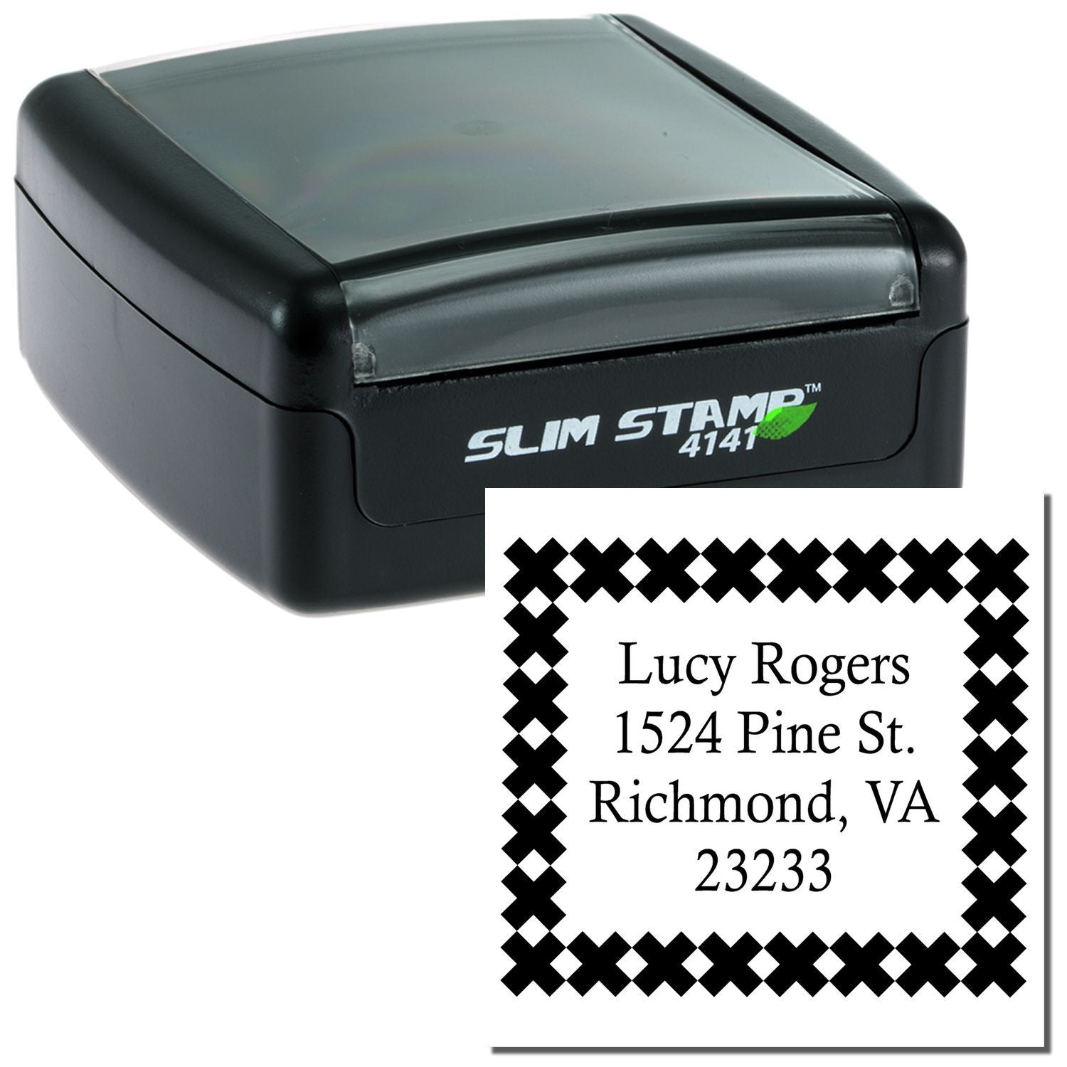 Slim Stamp 4141 address stamp showing Lucy Rogers, 1524 Pine St, Richmond VA 23233 for quick mailing.
