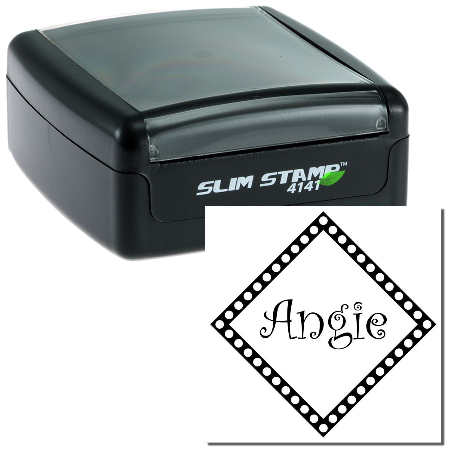 Slim Stamp 4141 self-inking rubber stamp with personalized Angie name imprint in diamond border.