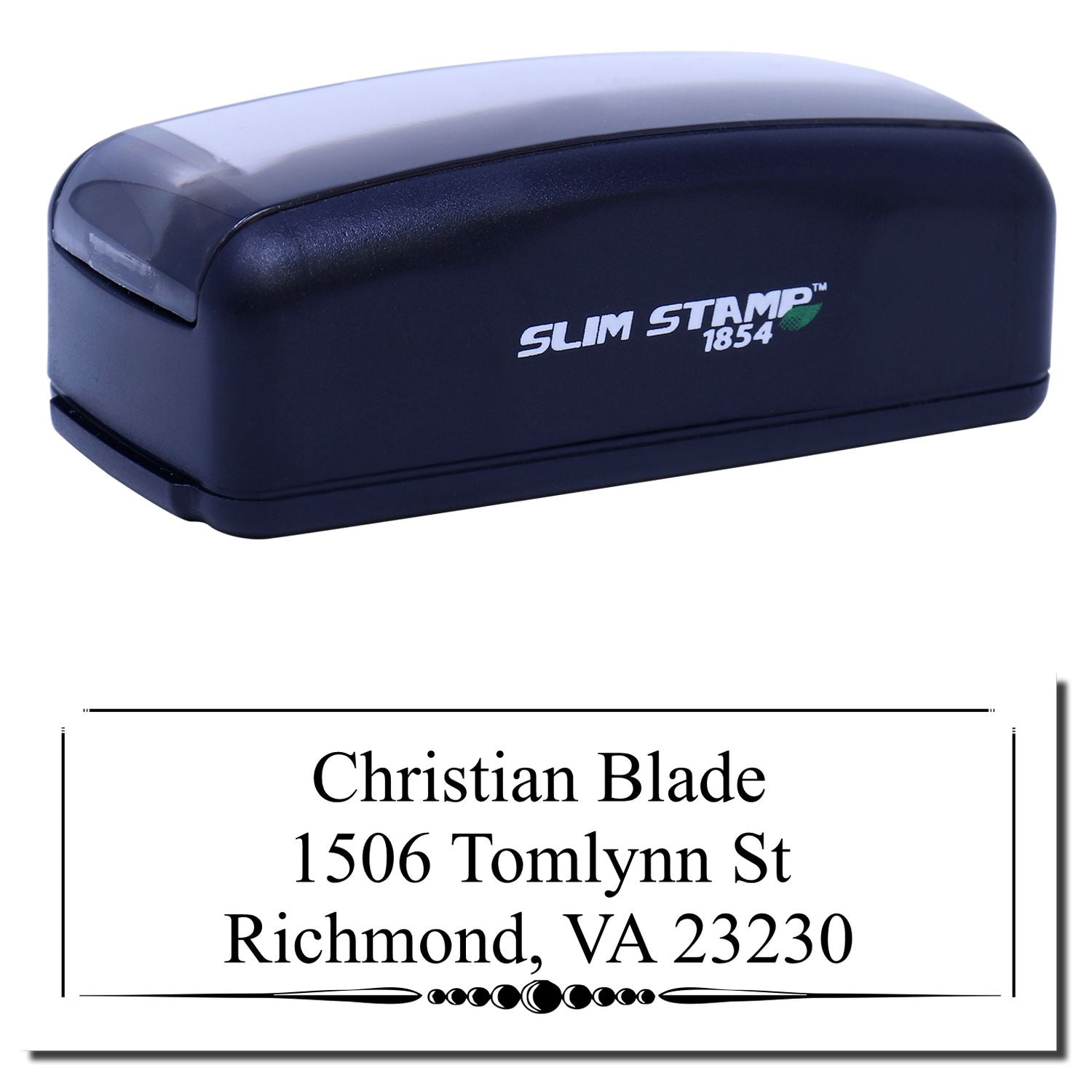 Custom self-inking Slim Stamp 1854 address rubber stamp with name and Richmond, VA return address imprint