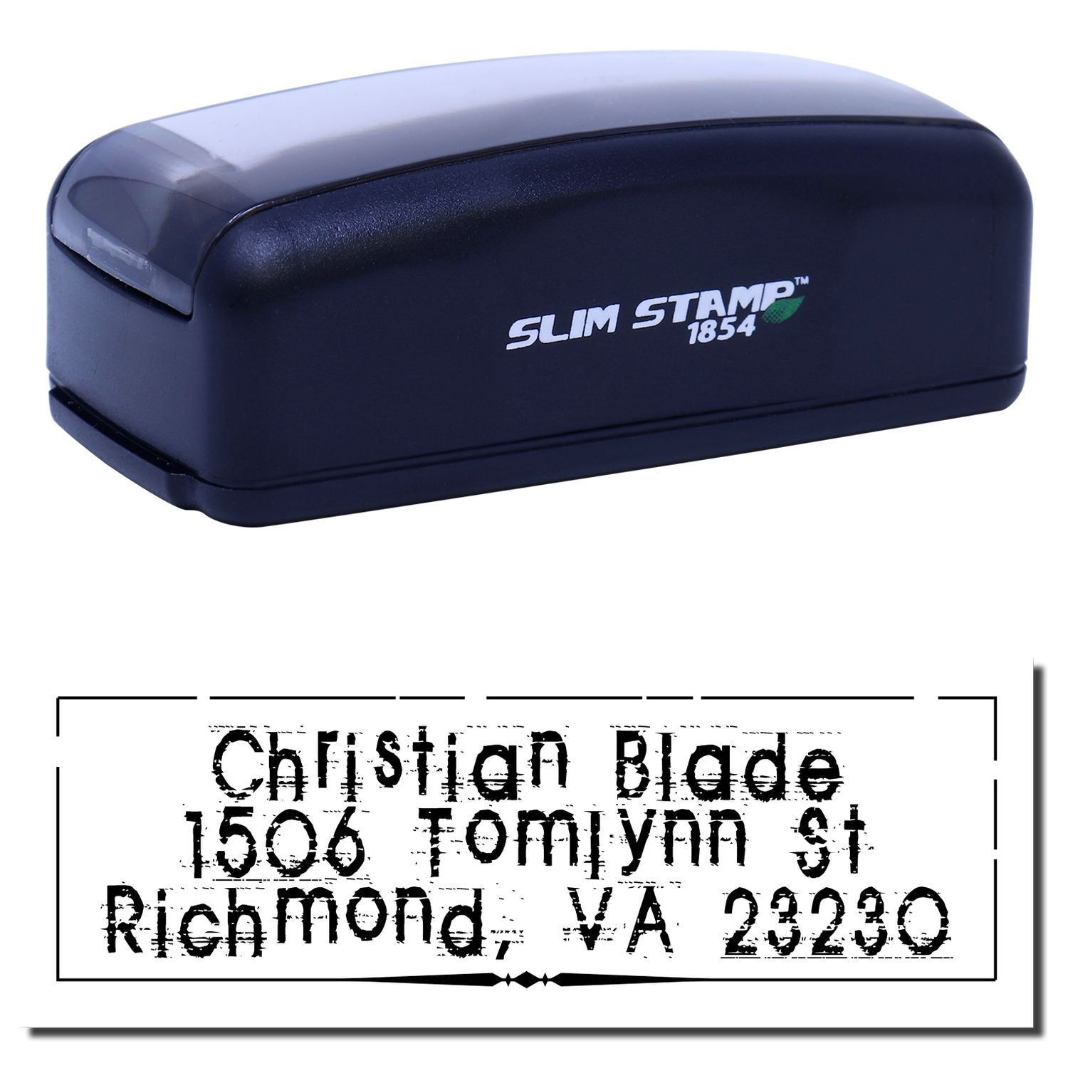 Slim Stamp 1854 self-inking rubber stamp with custom address impression, perfect for personalized mailing and business use.