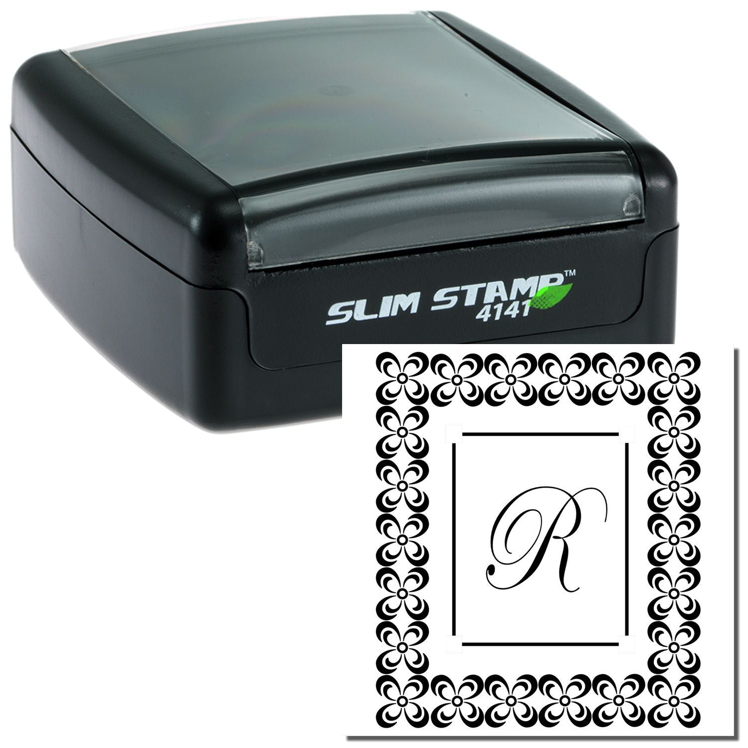 Slim STAMP 4141 custom monogram R stamp with decorative flourish border for labeling, crafts, product packaging, and home organization