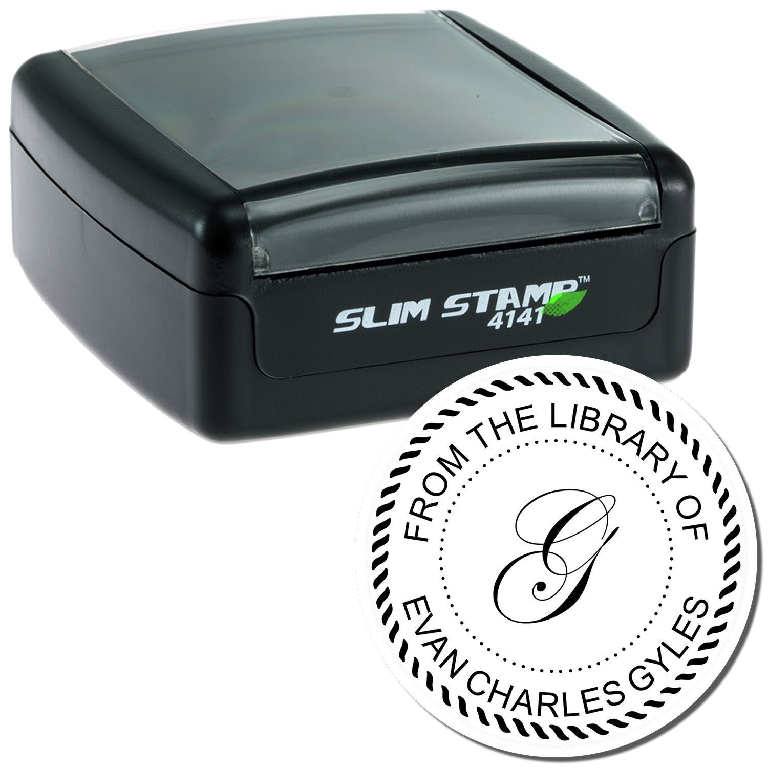 Slim Stamp 4141 self-inking library stamp with From the Library seal for marking books and materials
