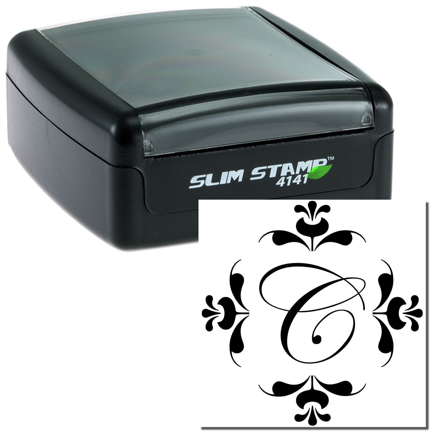 Slim STAMP 4141 self-inking stamp with floral decorative design for adding custom impressions to documents.
