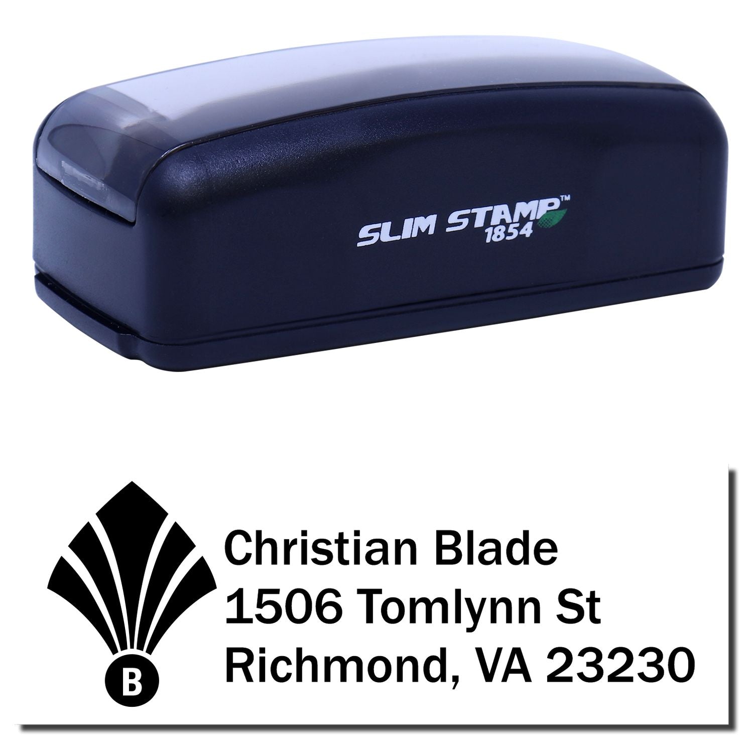 Slim Stamp 1854 custom self-inking rubber stamp with Christian Blade name, logo, and Richmond, VA address imprint.