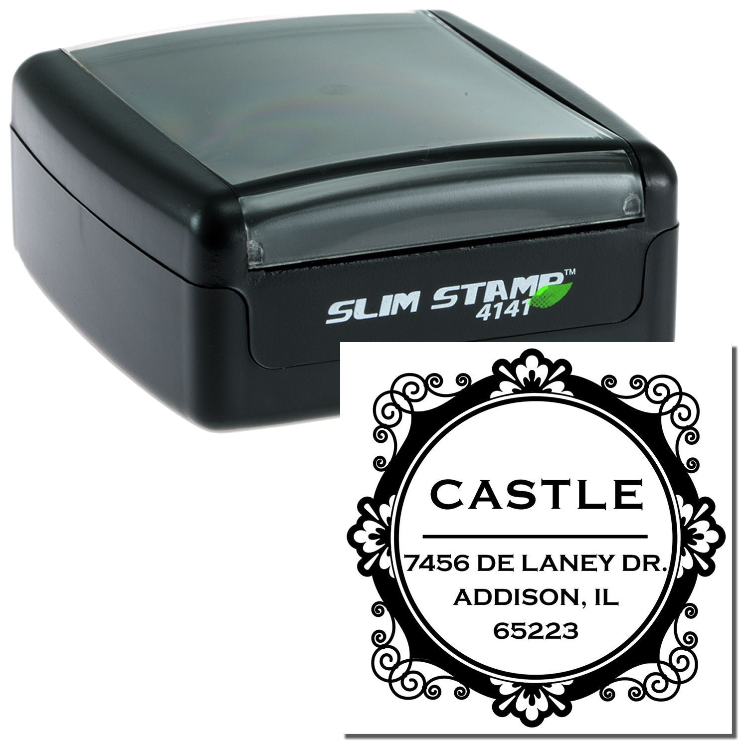 Slim STAMP 4141 custom address stamp for Castle, 7456 DE Laney Dr, Addison IL 65223.