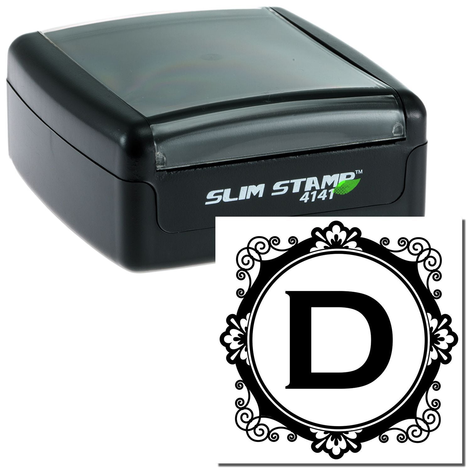 Slim Stamp 4141 self-inking stamp with decorative letter D design for branding and labeling.