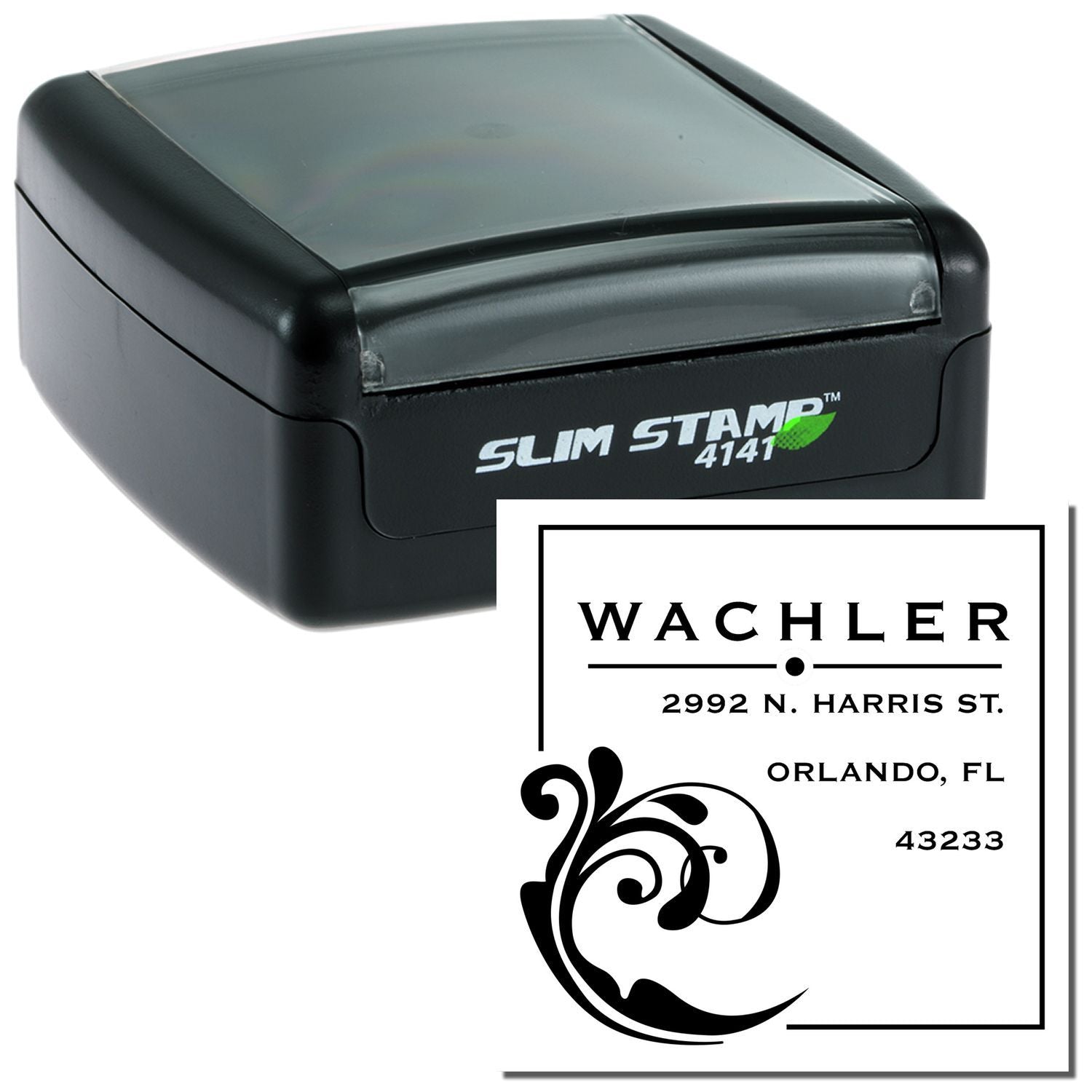 Slim Stamp 4141 inkless address stamp branded WACHLER, 2992 N Harris St Orlando FL, for quick mailing.