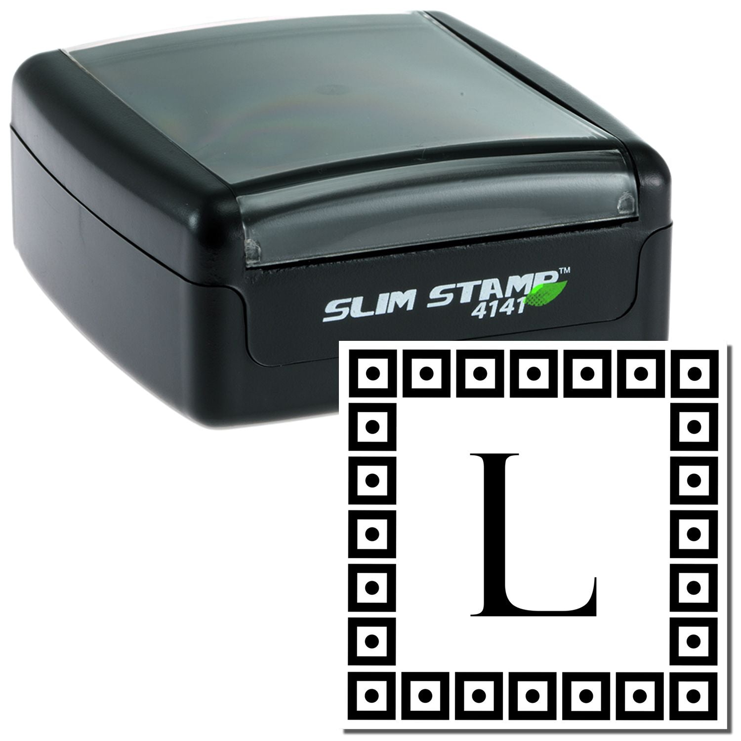 Slim Stamp 4141 auto ink stamp showing monogram letter I, ideal for labeling envelopes, documents, and packages for home office use.