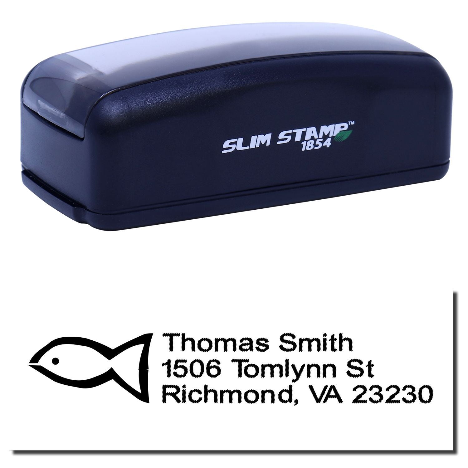Slim Stamp 1854 self-inking rubber address stamp with custom fish logo and Thomas Smith return address imprint