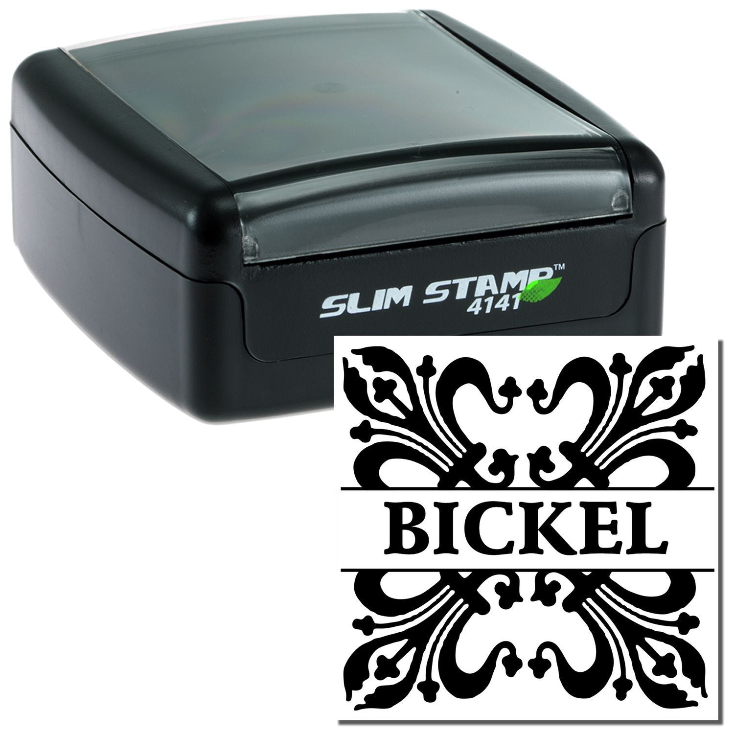 Slim Stamp 4141 inkless branding stamp featuring the BICKEL logo, for precise product labeling and customization.