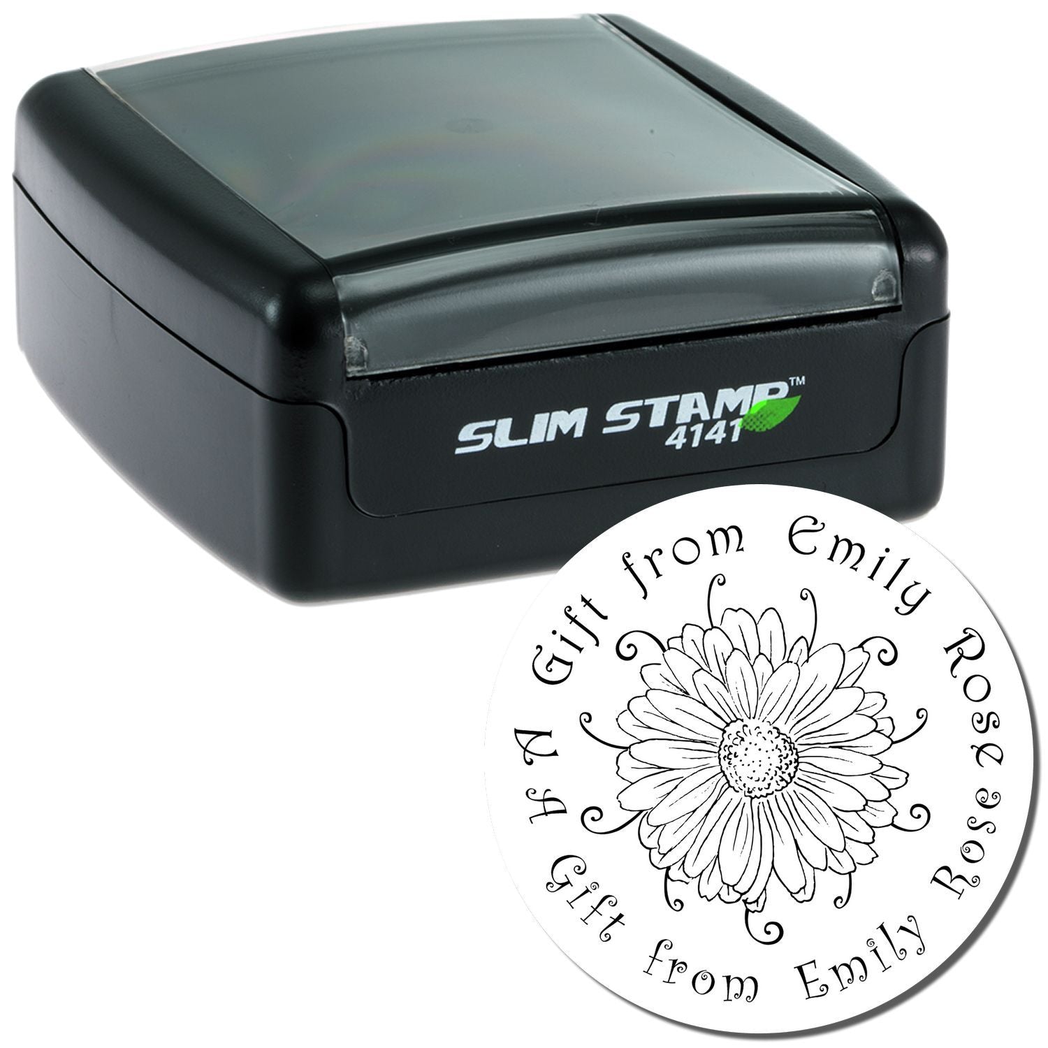 Close-up of Slim STAMP 4141 self-inking stamp showing logo and stamp face for consistent imprinting on documents and craft projects.