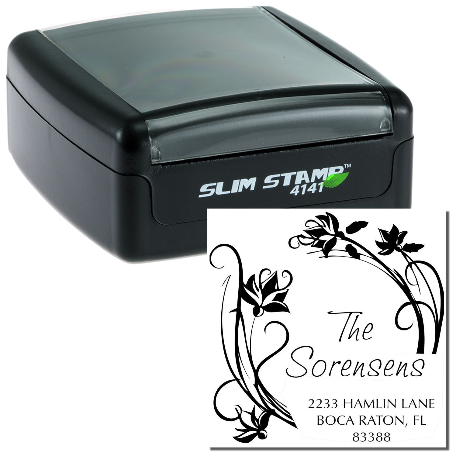 Slim Stamp 4141 self-inking address stamp showing custom The Sorensens name and Boca Raton, FL for mail labeling for shipping and correspondence.