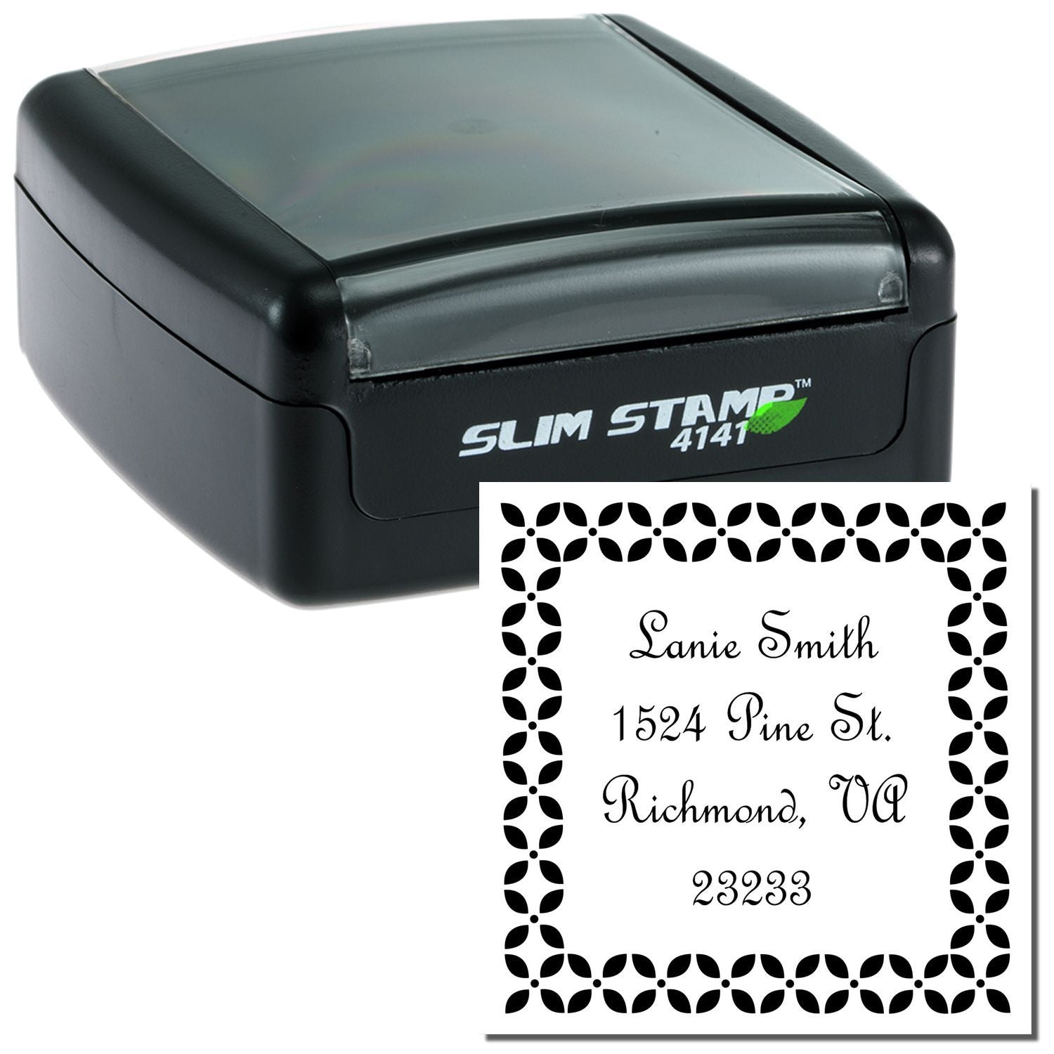 Custom Slim Stamp 4141 with address text for return mailing: Lanie Smith, 1524 Pine St, Richmond, VA 23233.