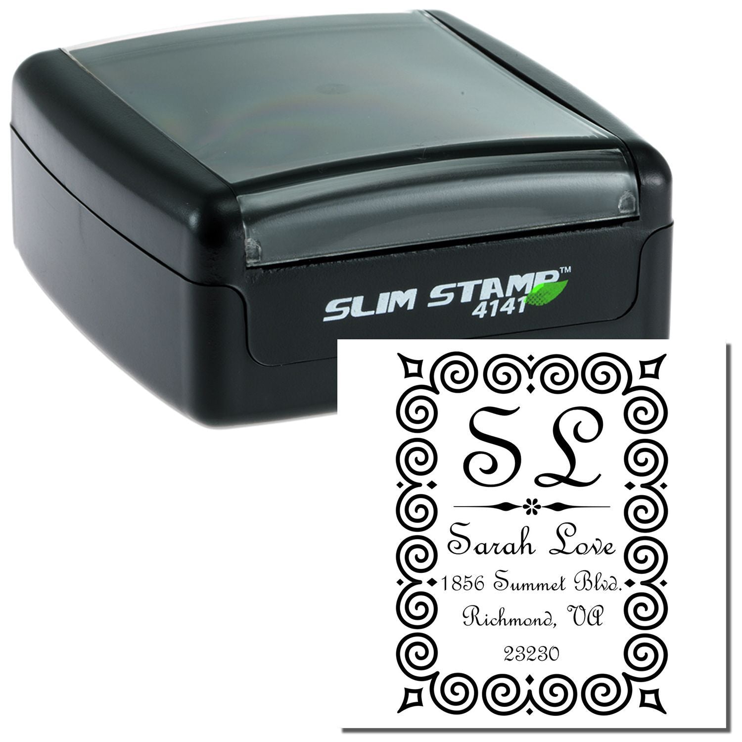Slim Stamp 4141 custom return address stamp showing Sarah Love and address 1856 Summer Blvd, Richmond, VA 23230.