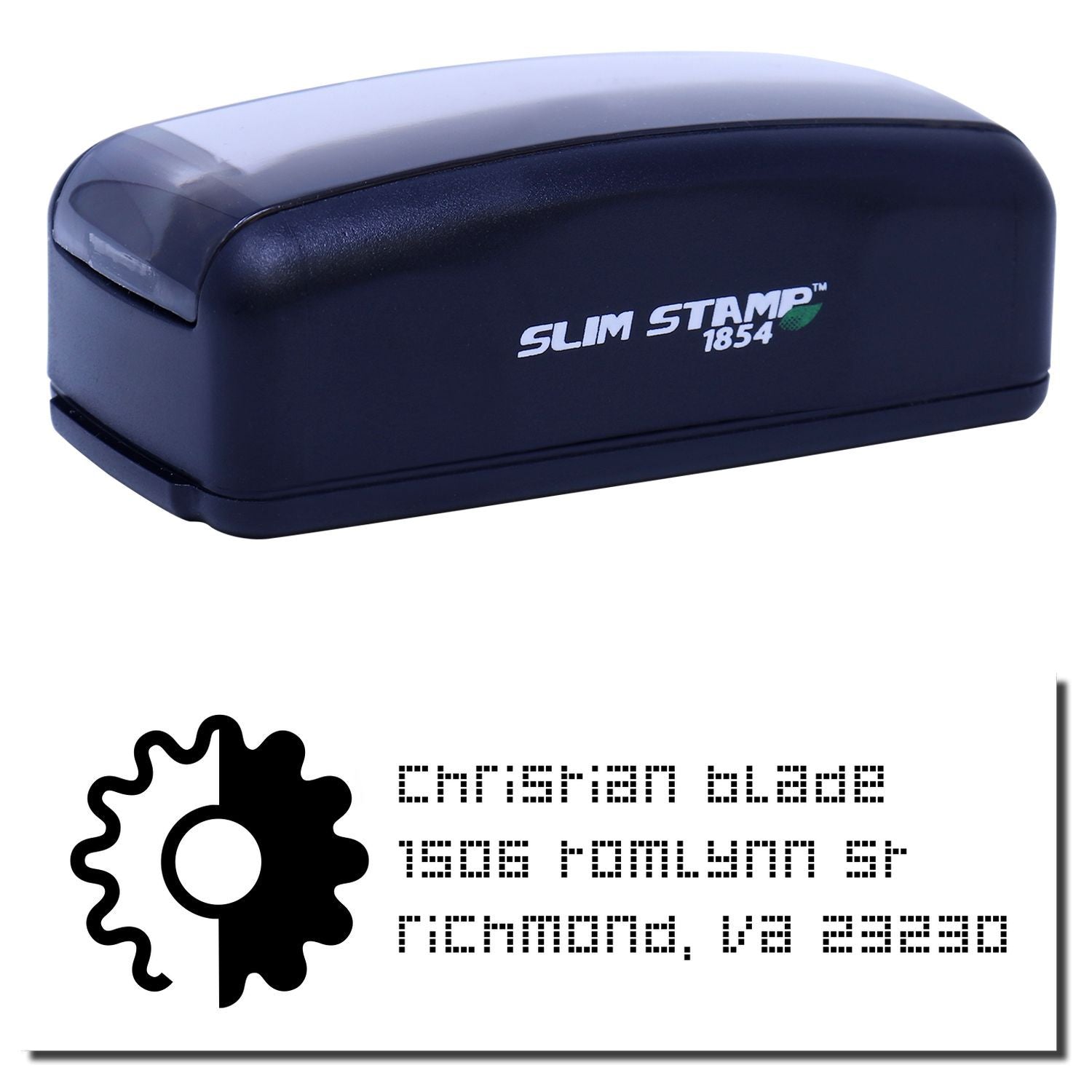 Slim Stamp 1854 self-inking rubber stamp with custom logo and address imprint for business branding and mailing.