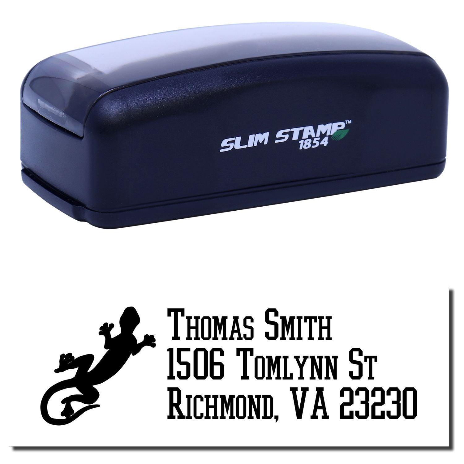 Custom self-inking rubber address stamp with gecko logo, Thomas Smith return address, Richmond, VA 23230.