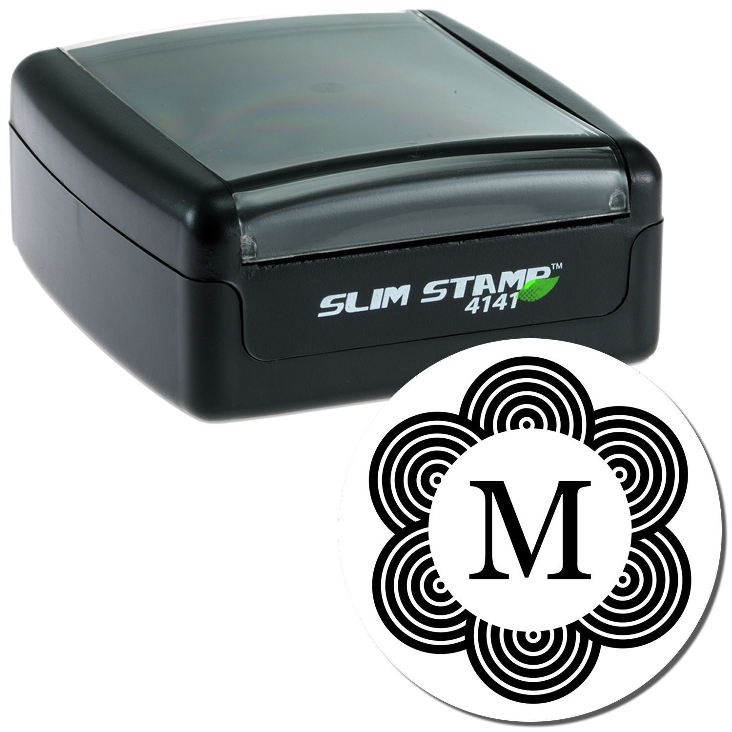 Slim Stamp 4141™ self-inking stamp with fingerprint 'M' icon for secure contactless document and mail labeling, fast office use.