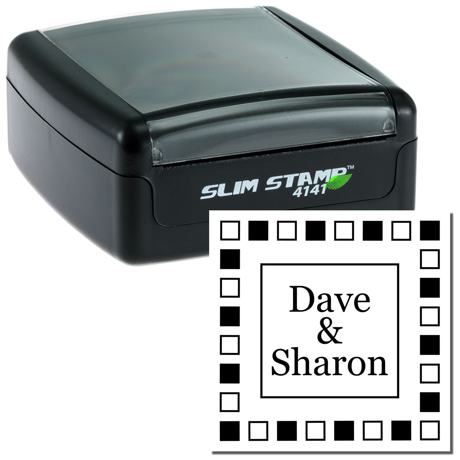 Slim Stamp 4141 ink stamp with Dave & Sharon text for creating personalized name and address labels.