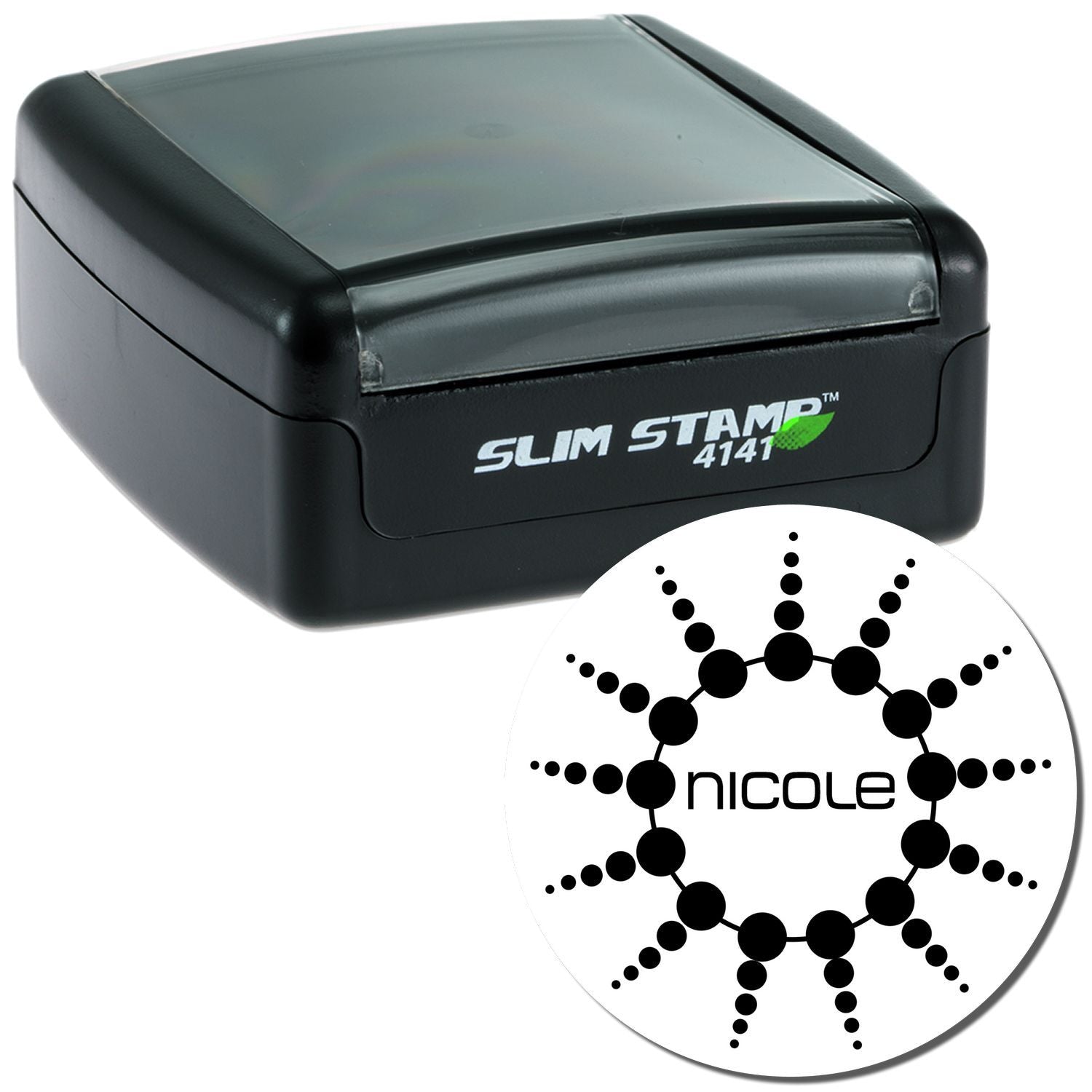 Slim Stamp 4141 compact labeling stamp with Nicole name impression, for personalized marking and quick labeling.