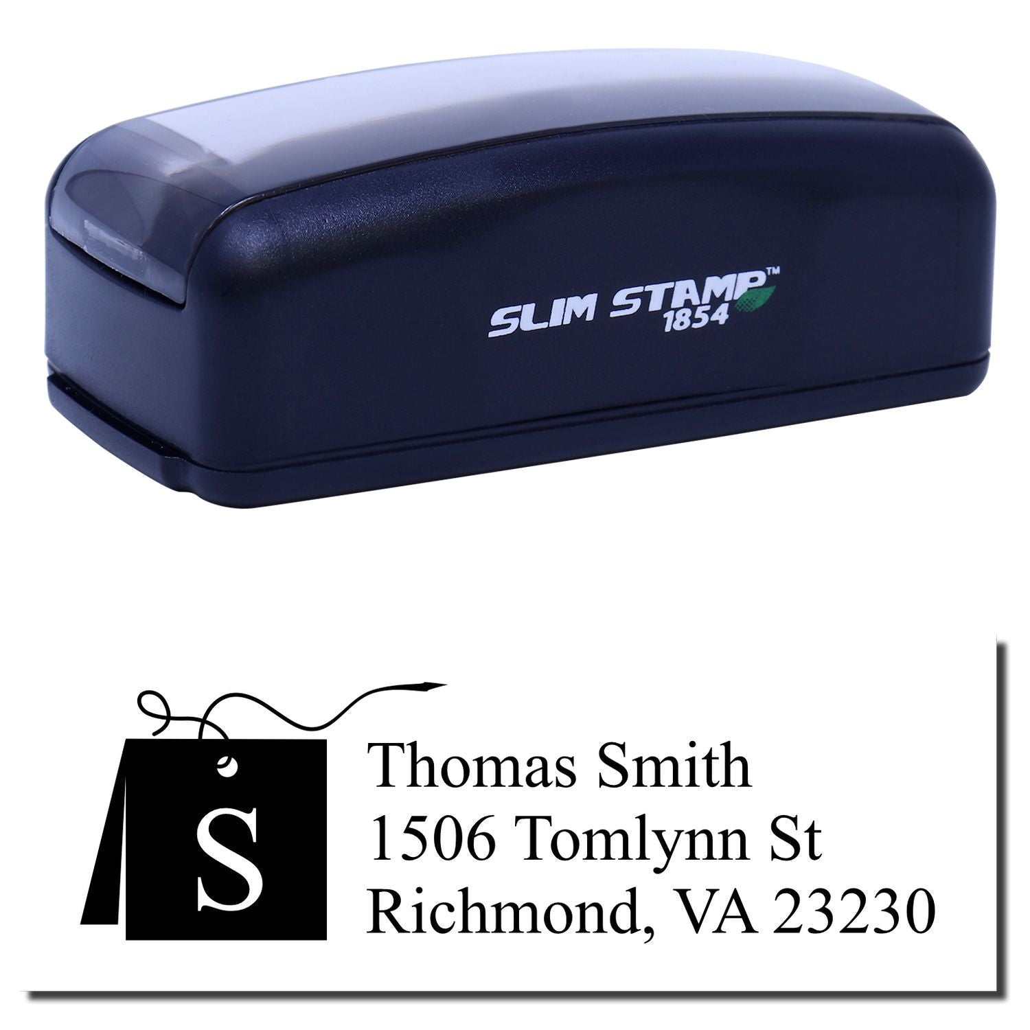 Slim Stamp 1854 self-inking custom return address rubber stamp with monogram, name, and address for mailing.