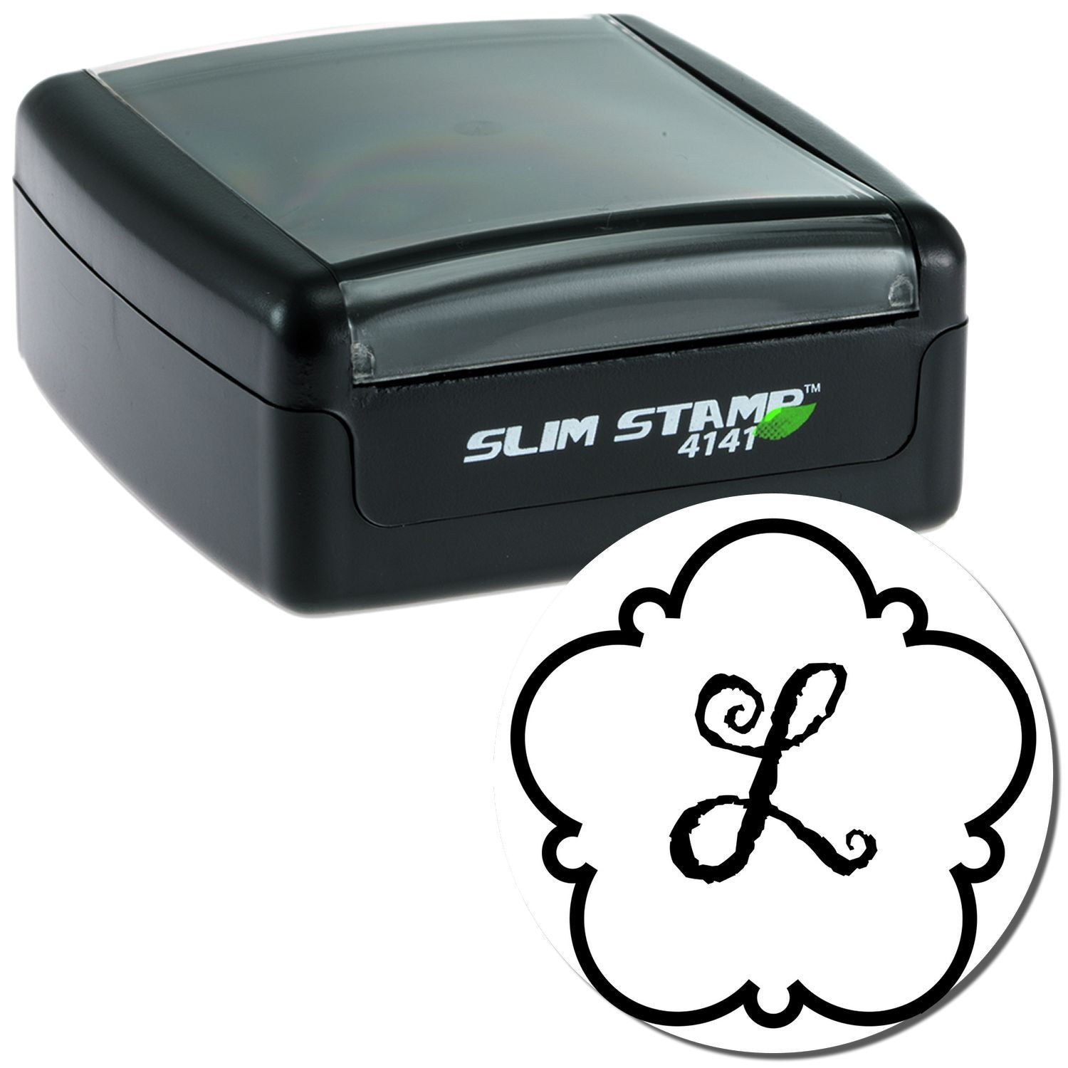 Close-up of SLIM STAMP 4141 ink stamp for quick product labeling and marking, compact handheld tool for warehouse and retail QA.