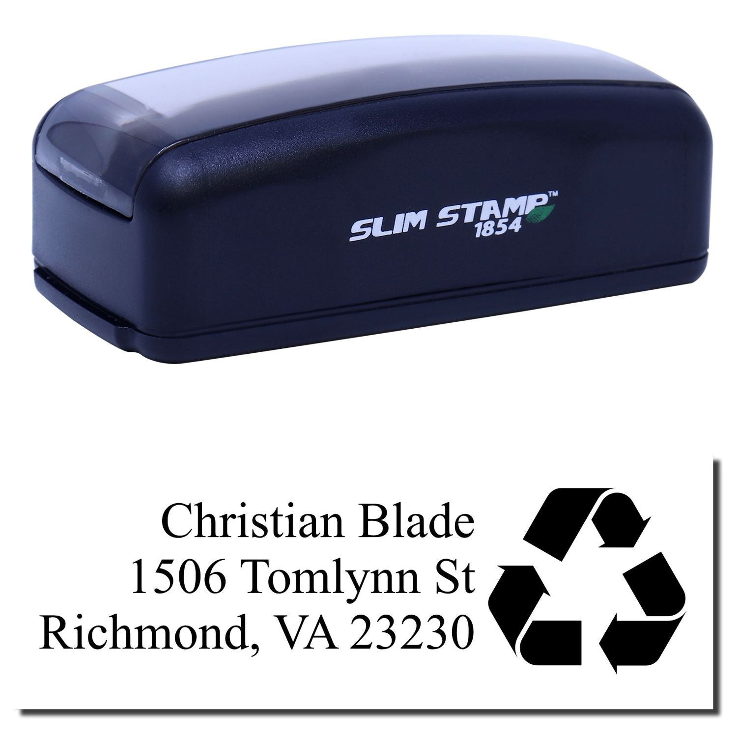 Slim Stamp 1854 self-inking rubber stamp with custom address and recycling logo imprint.