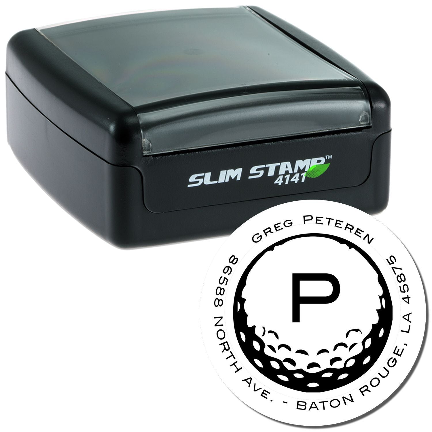Slim Stamp 4141TM self-inking return address stamp for shipping labels, featuring the professional GREG PETERS Norman Baton Rouge logo.