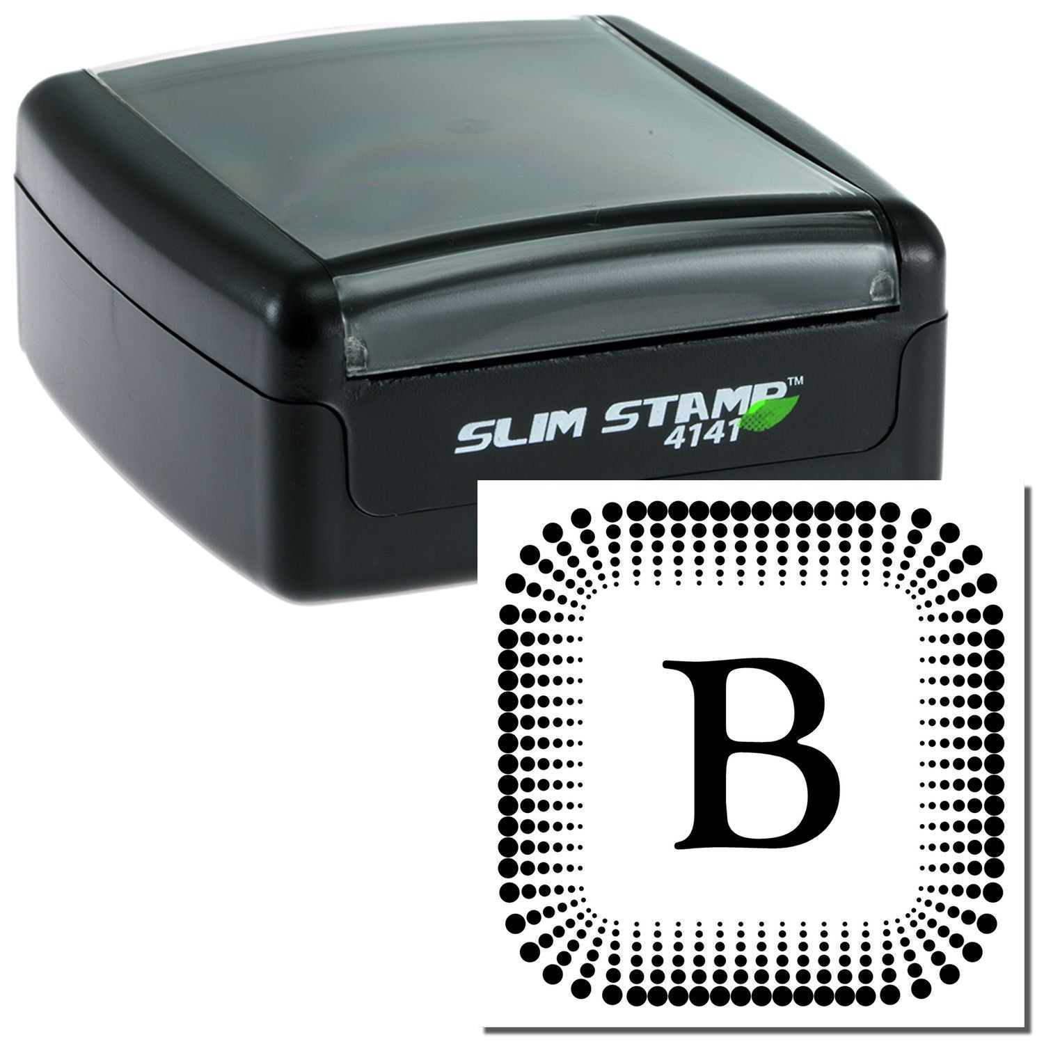 Slim Stamp 4141 self-inking stamp showing letter B imprint, durable black marking tool for labels and documents