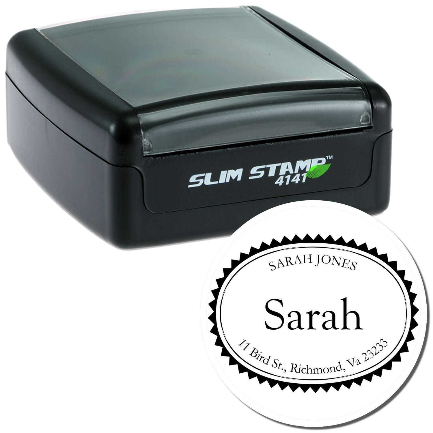 Slim STAMP 4141 self-inking stamp with Sarah Jones address seal, 11 Bird St Richmond VA 23233 for mail and paperwork office labeling.
