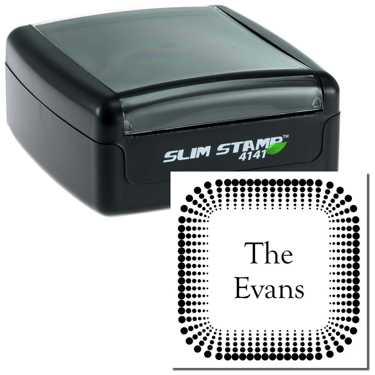 Slim Stamp 4141 self-inking stamp imprinting The Evans, for quick branding on envelopes and documents.