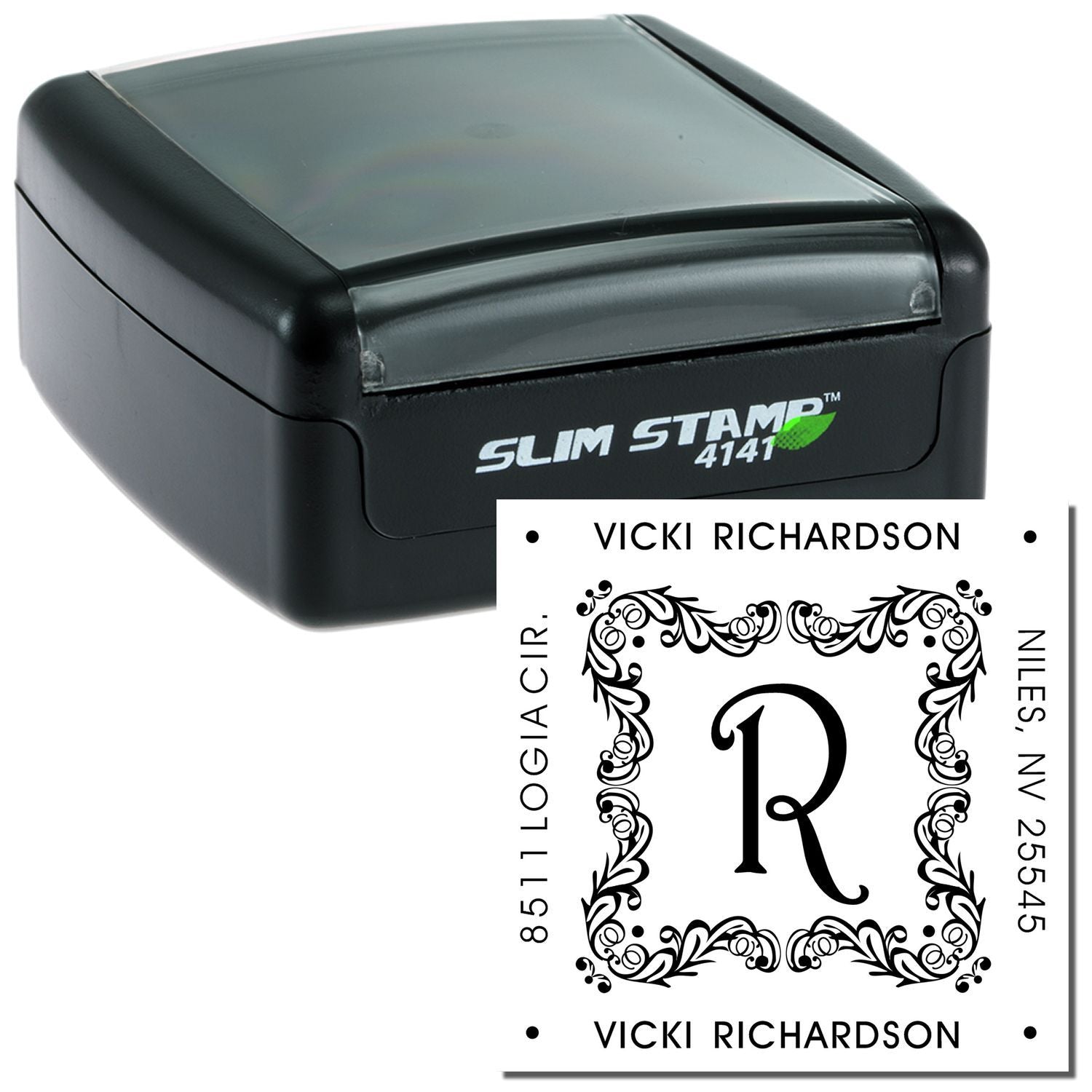 Slim STAMP 4141 personal stamp with decorative Vicki Richardson R monogram for scrapbooking, card making, labels, home decor.