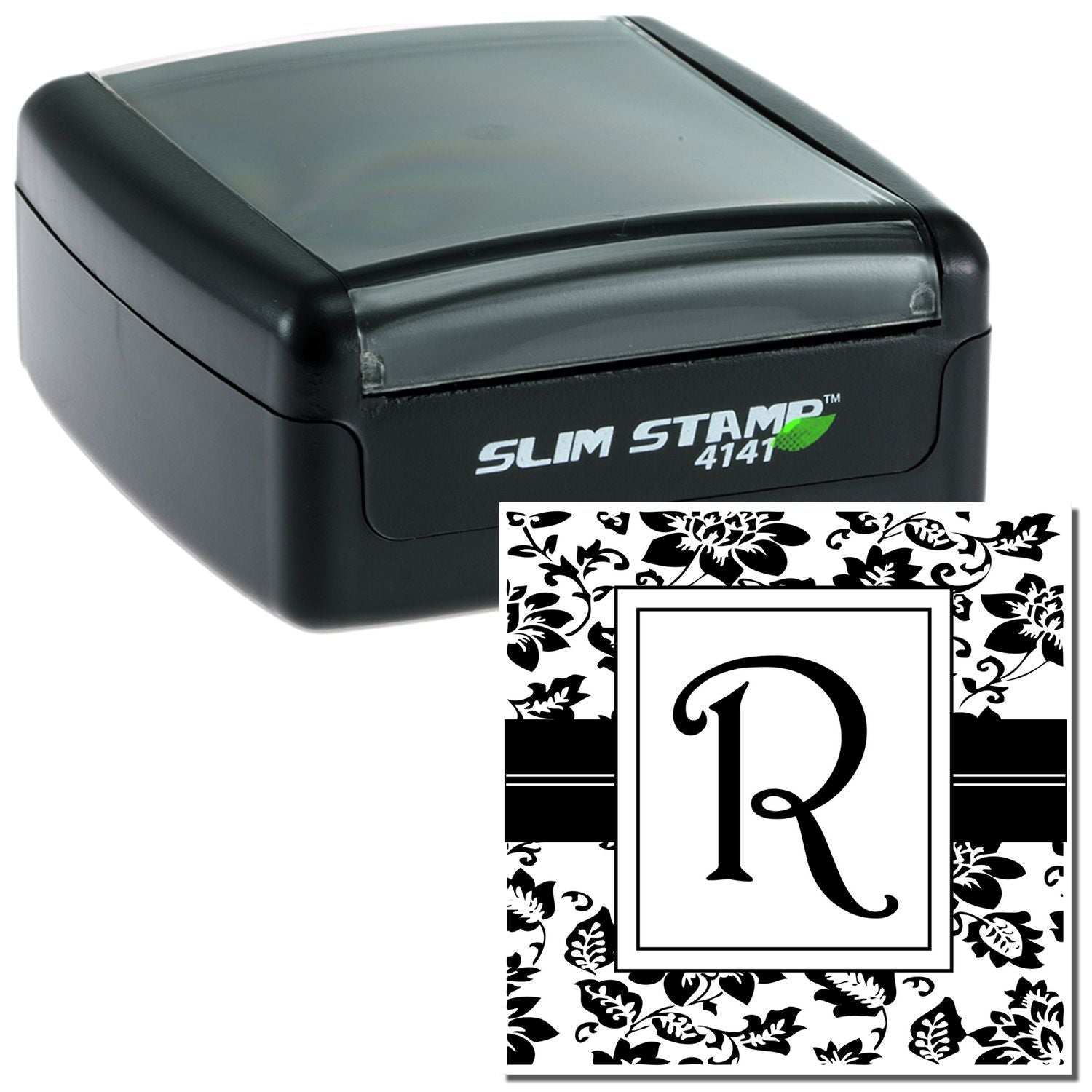 Slim STAMP 4141 with floral R insert for DIY monogram rubber stamping and scrapbooking projects.