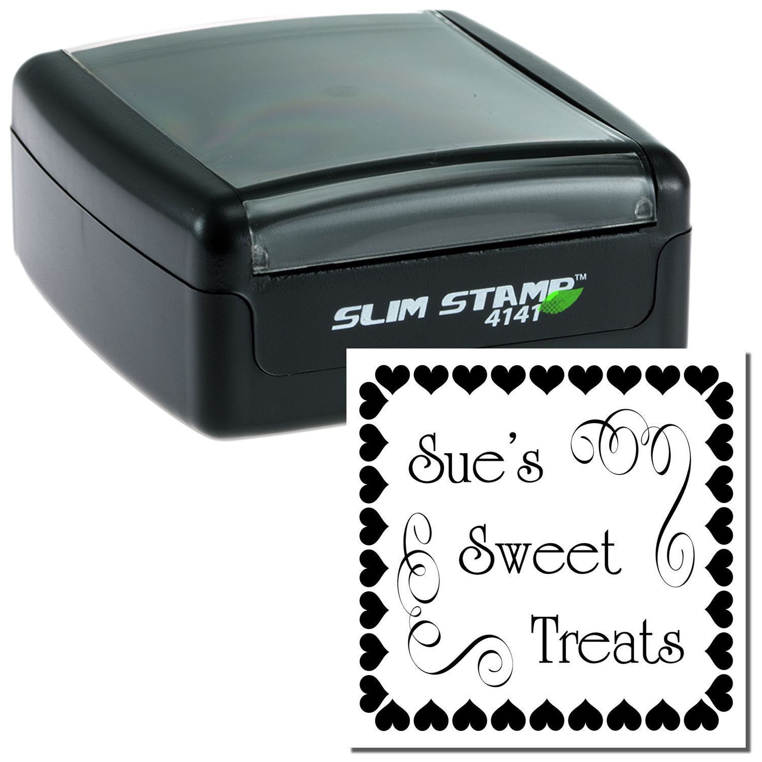 Slim STAMP 4141 black custom label stamp reading Sues Sweet 6 Treats, for creative scrapbooking and packaging.