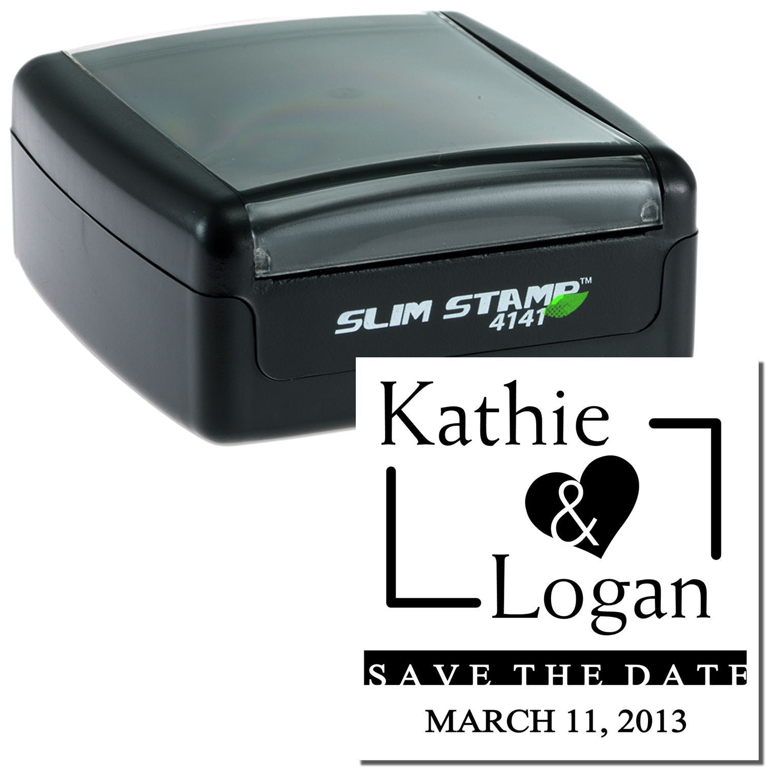 Black Slim Stamp 4141 custom print stamp wedding save-the-date invitation for Kathie & Logan, March 11, 2013, heart date design.