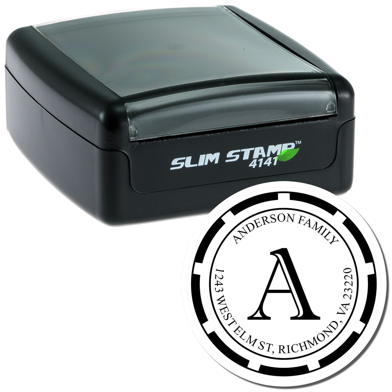 Slim Stamp 4141 self-inking personalized stamp with date seal for family address labeling and mailing envelopes, Richmond VA 2024.