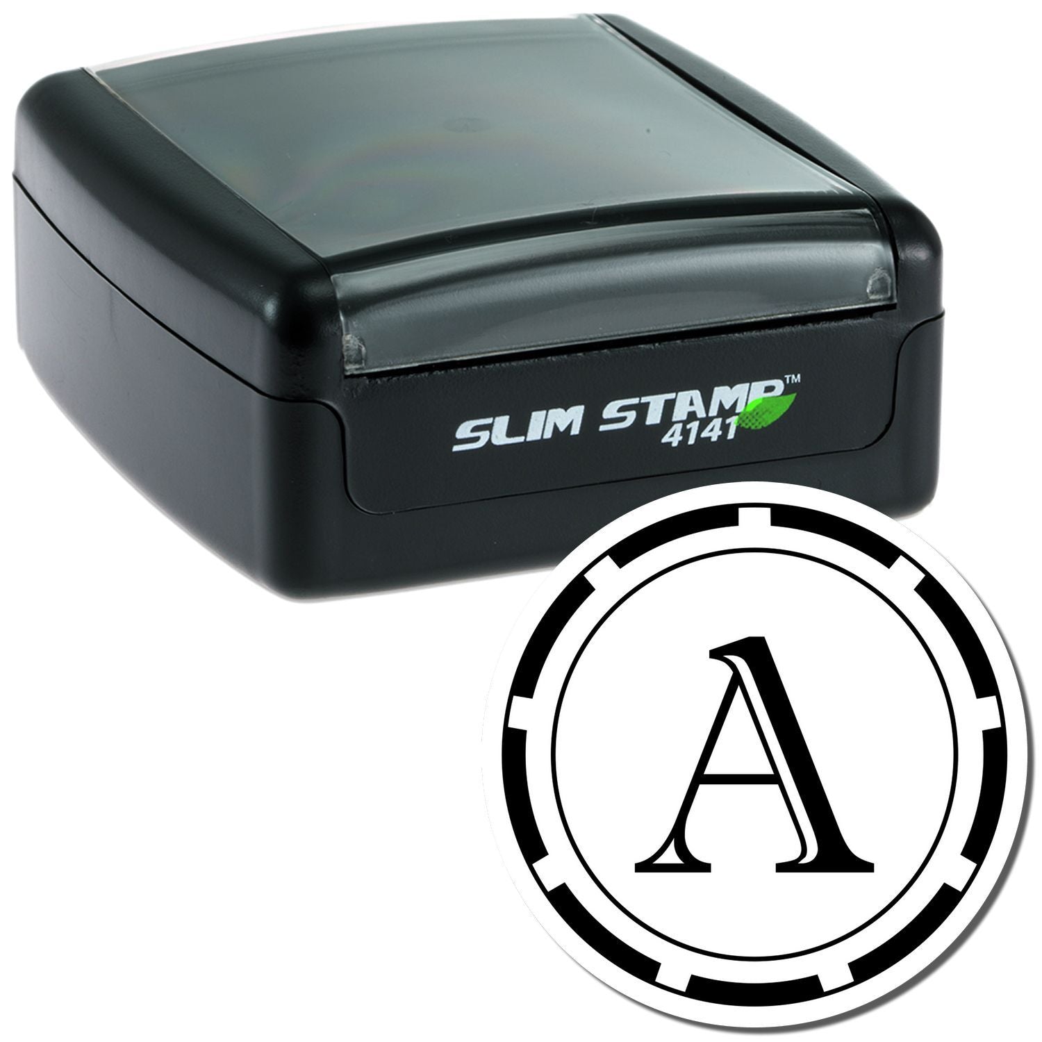 Slim Stamp self-inking stamp 4147 shown on protective case with A icon for quick office address labeling and shipping.
