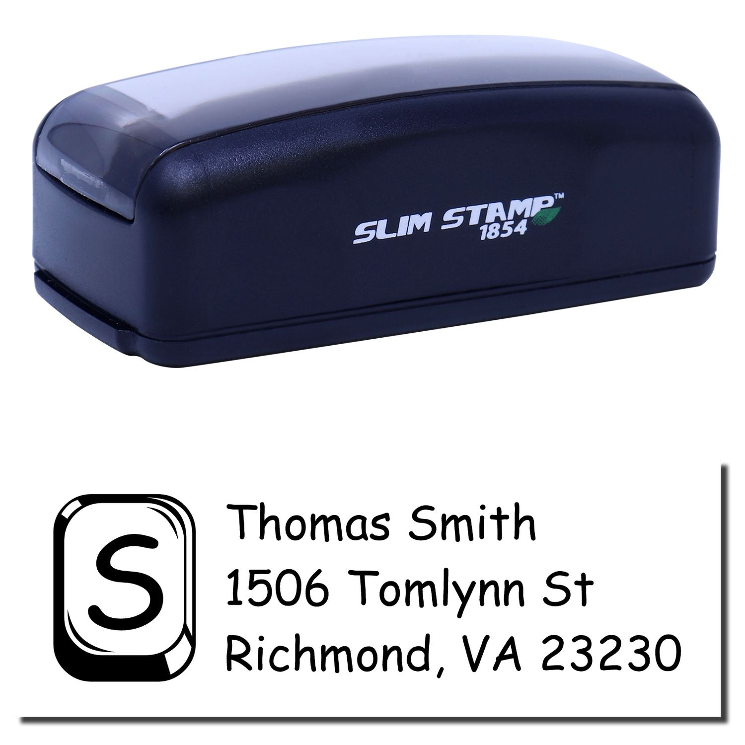 Slim Stamp 1854 self-inking address rubber stamp with custom return address for Thomas Smith, Richmond, VA 23230.