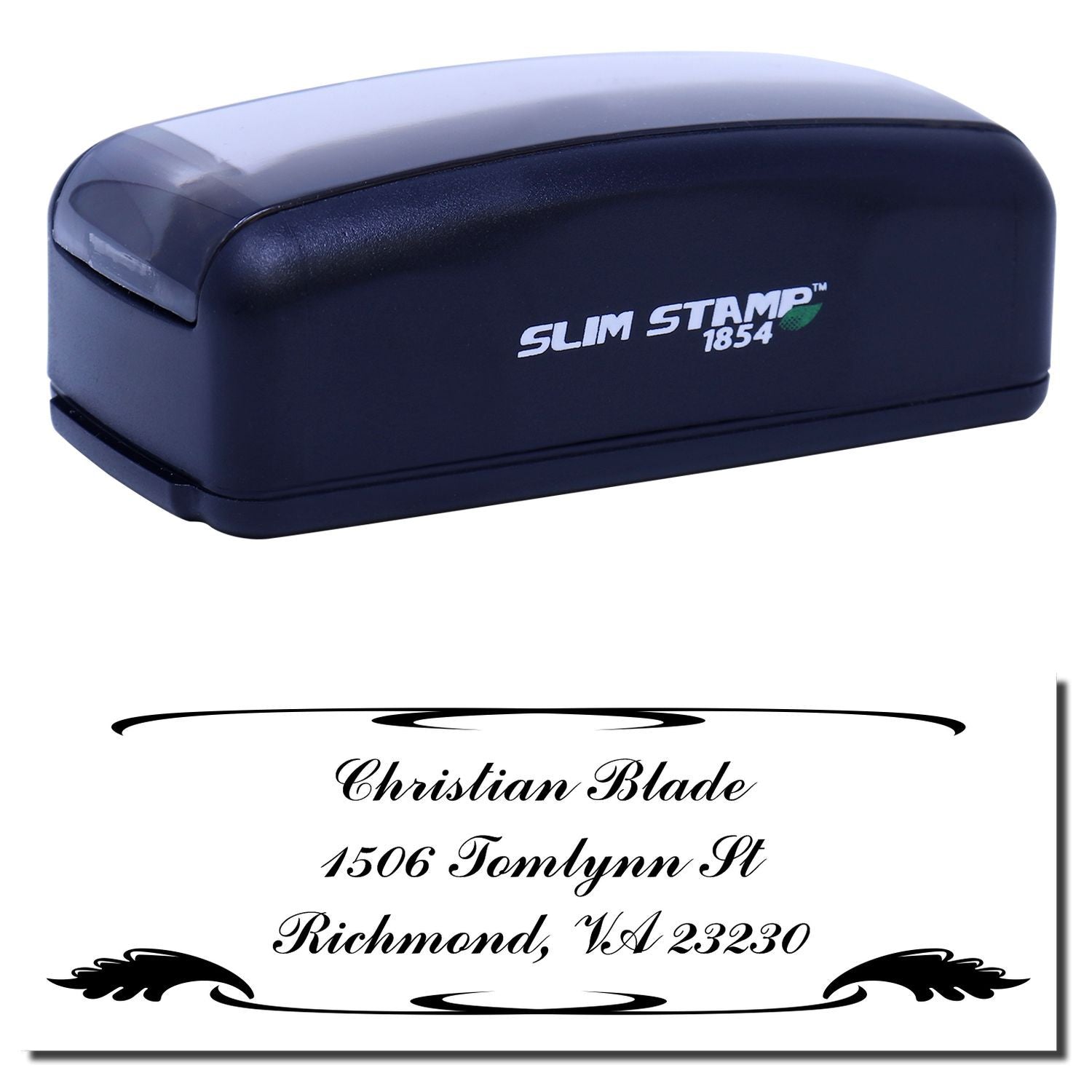 Slim Stamp 1854 custom address rubber stamp with personalized return address for Christian Blade, Richmond VA.