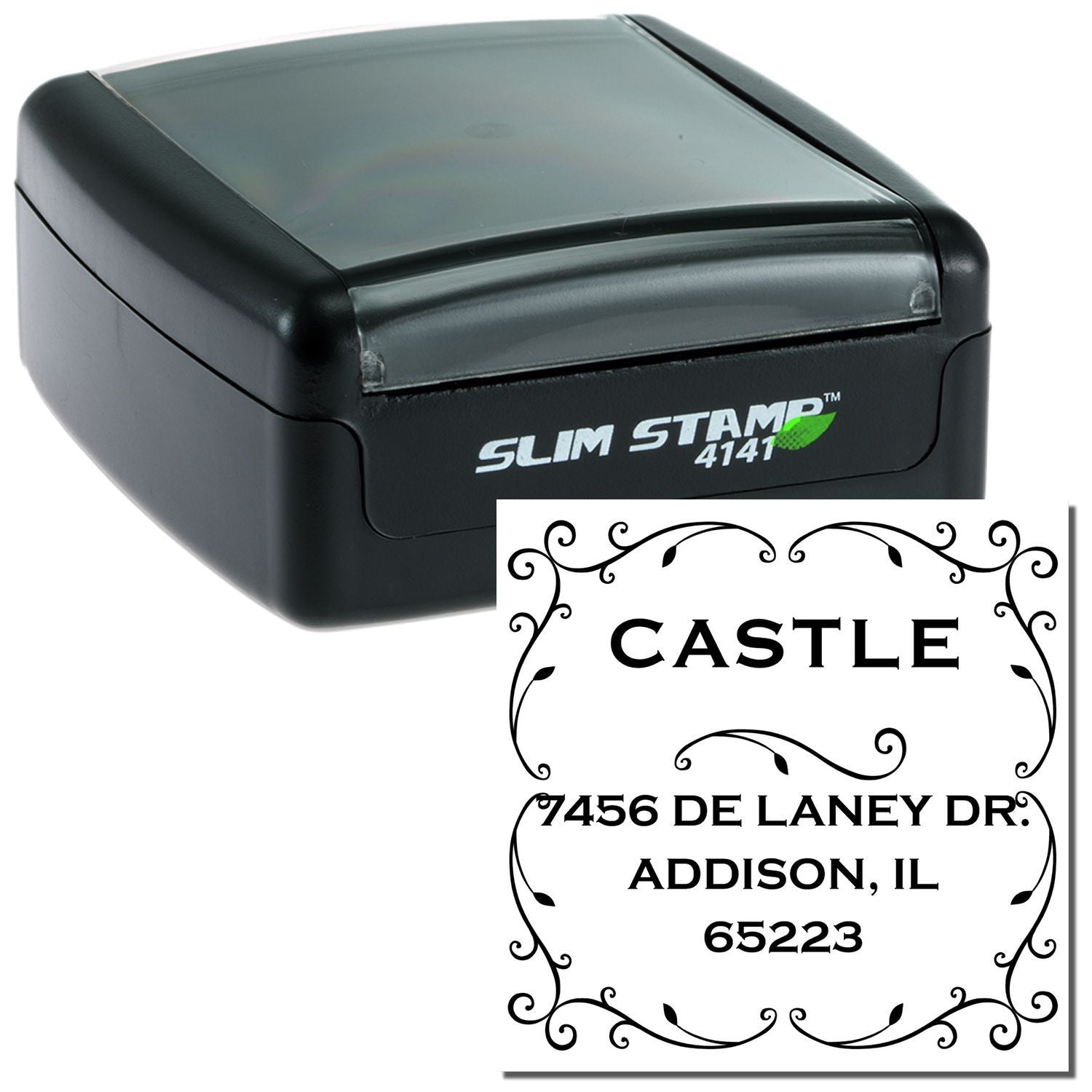 Slim Stamp 4141 black custom mailing address stamp for Castle, 7456 De Laney Dr, Addison, IL 65223.