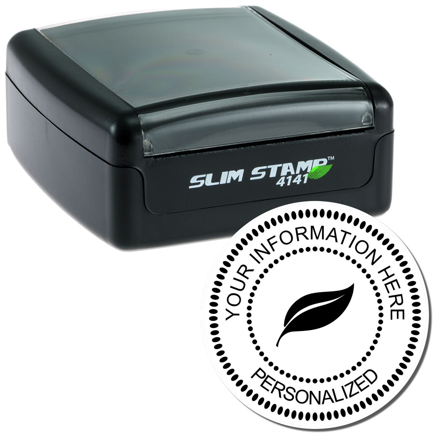 Slim Stamp 4141 self-inking personalized stamp showing your information here badge for quick document labeling and address marking.