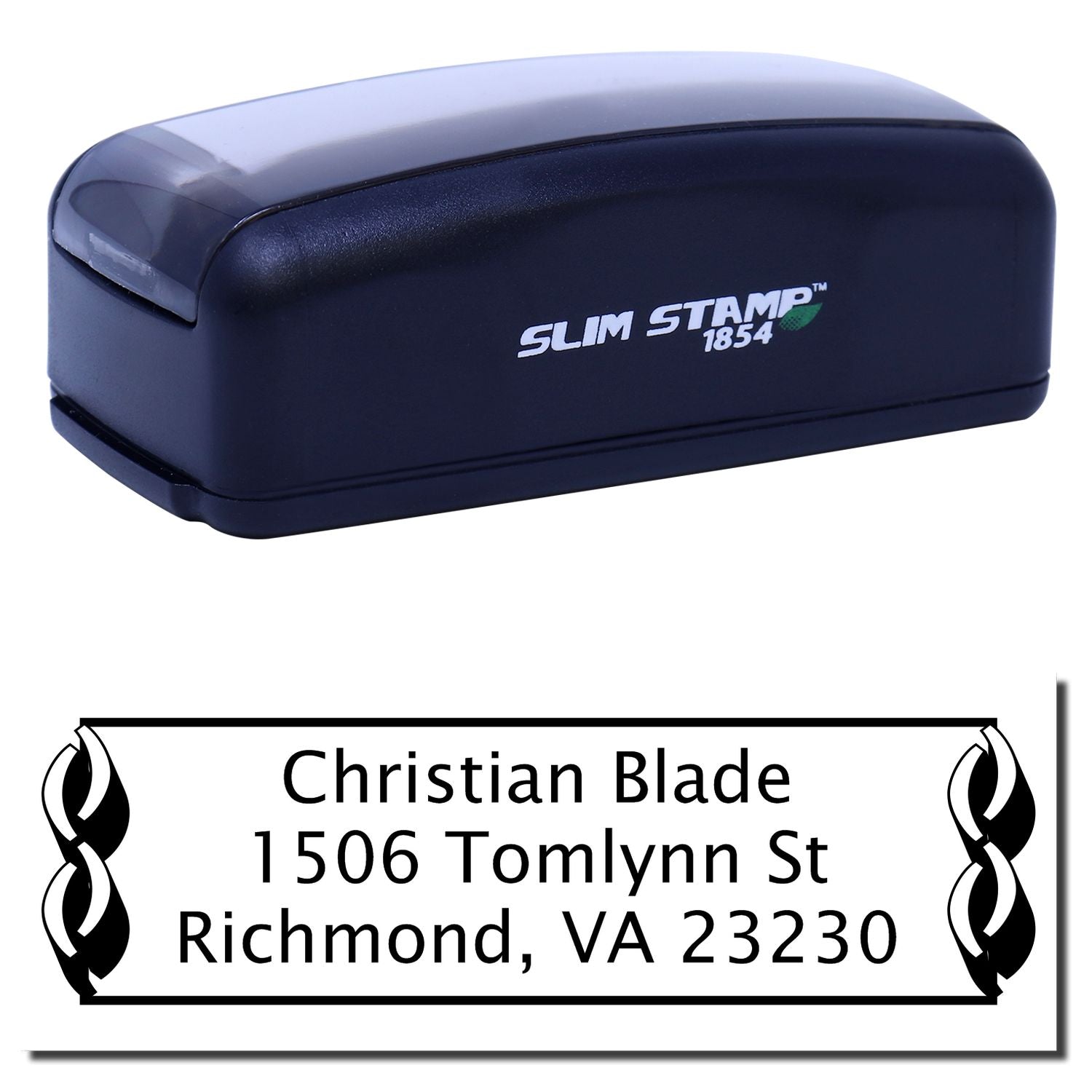 Slim Stamp 1854 custom self-inking rubber address stamp for Christian Blade, Richmond, VA 23230.