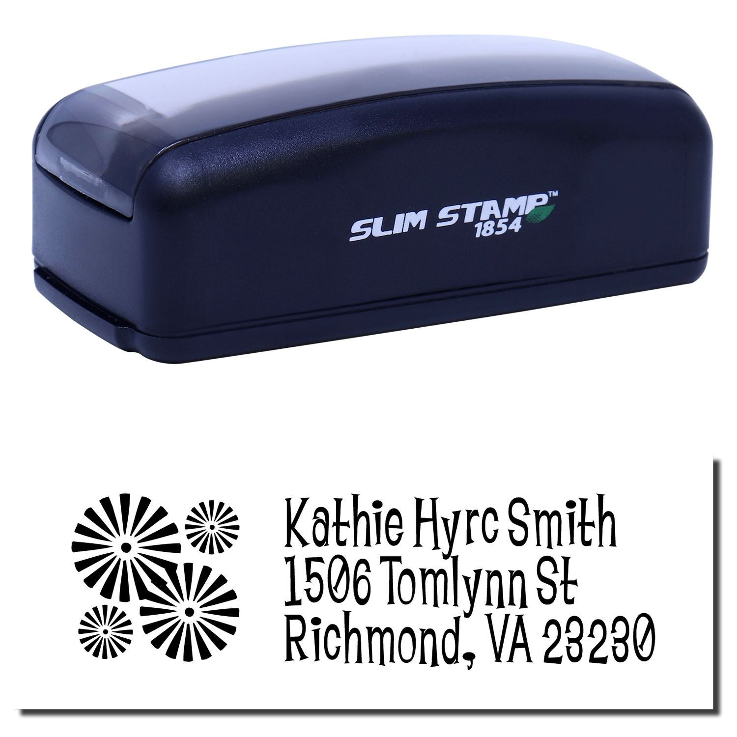 Slim Stamp 1854 self-inking personalized address rubber stamp with floral design and custom name imprint