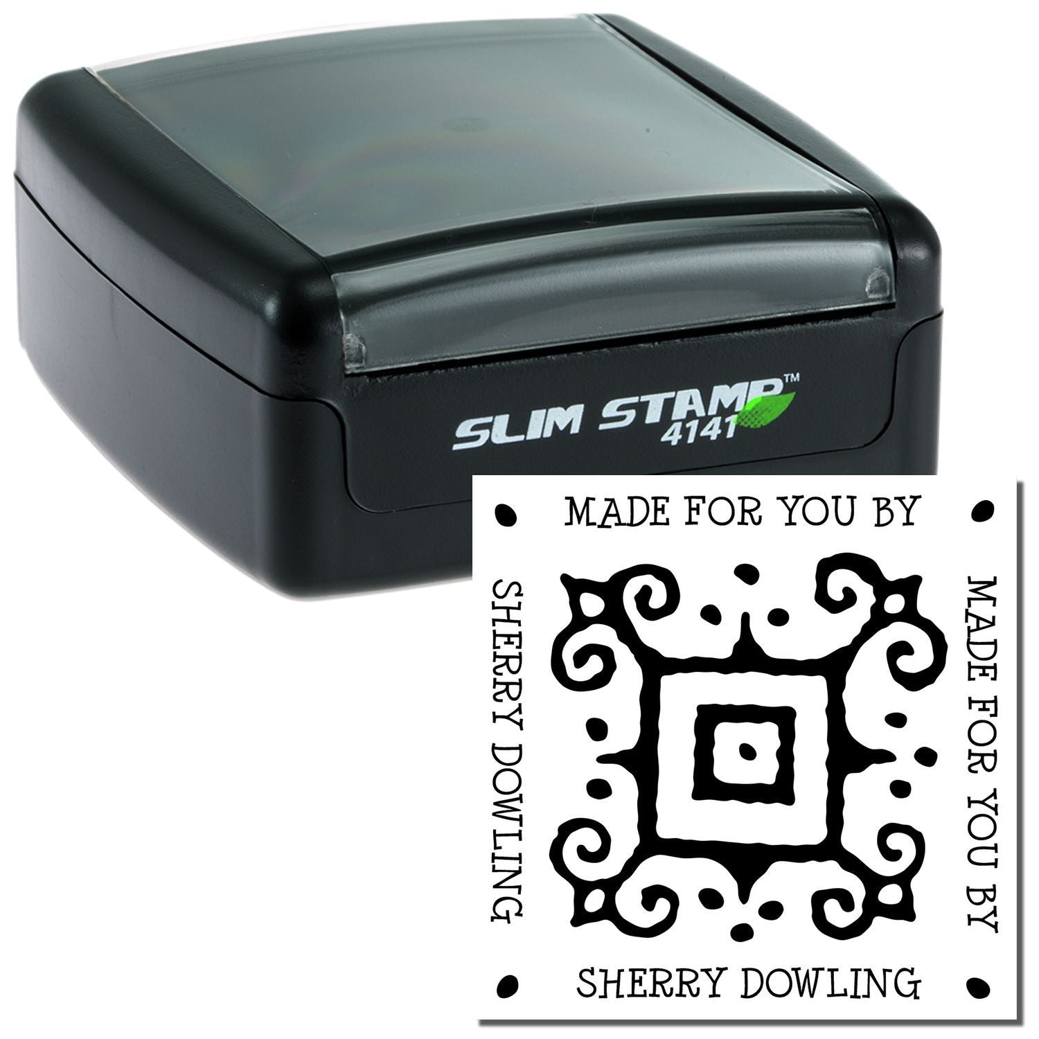 Close-up of Slim Stamp 4141 self-inking stamp with Made for You by Sherry Dowling imprint.
