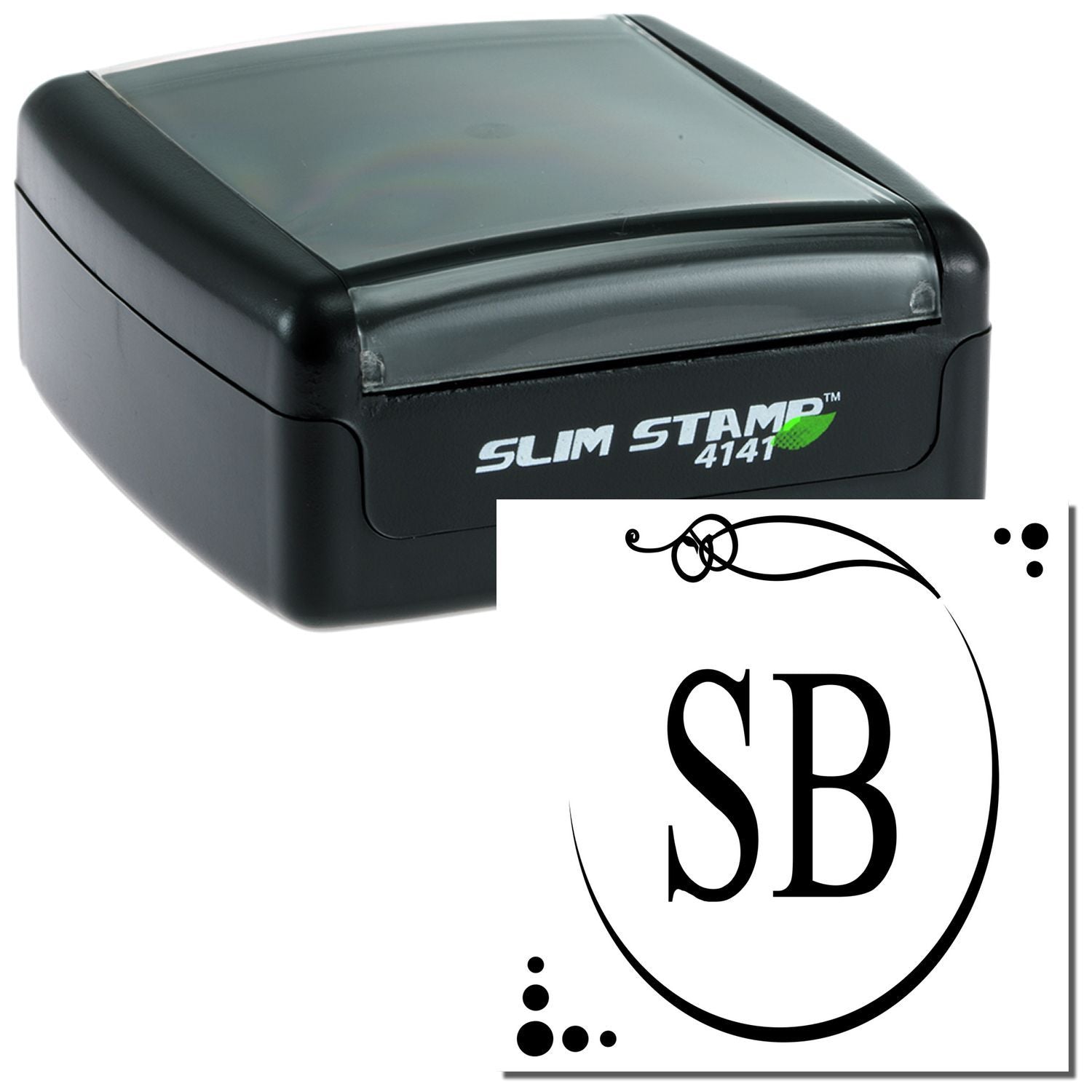Slim Stamp 4141 self-inking stamp case with SB logo, used for quick, clean custom branding on documents for invoices, labels, and mail.