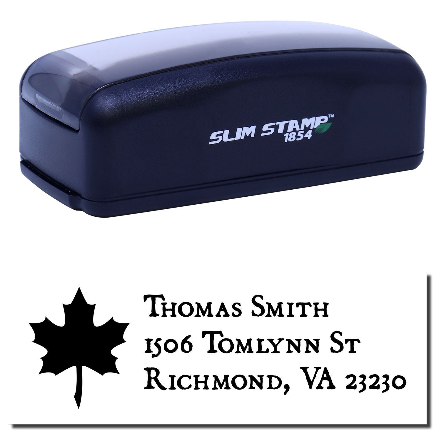 Slim Stamp 1854 custom address rubber stamp with maple leaf design for personalized return addresses.